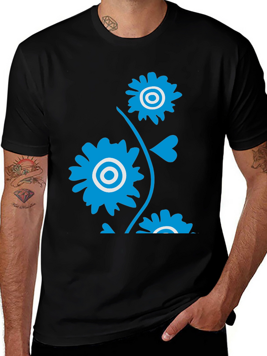 Mens Black T-Shirt with Blue Floral Design