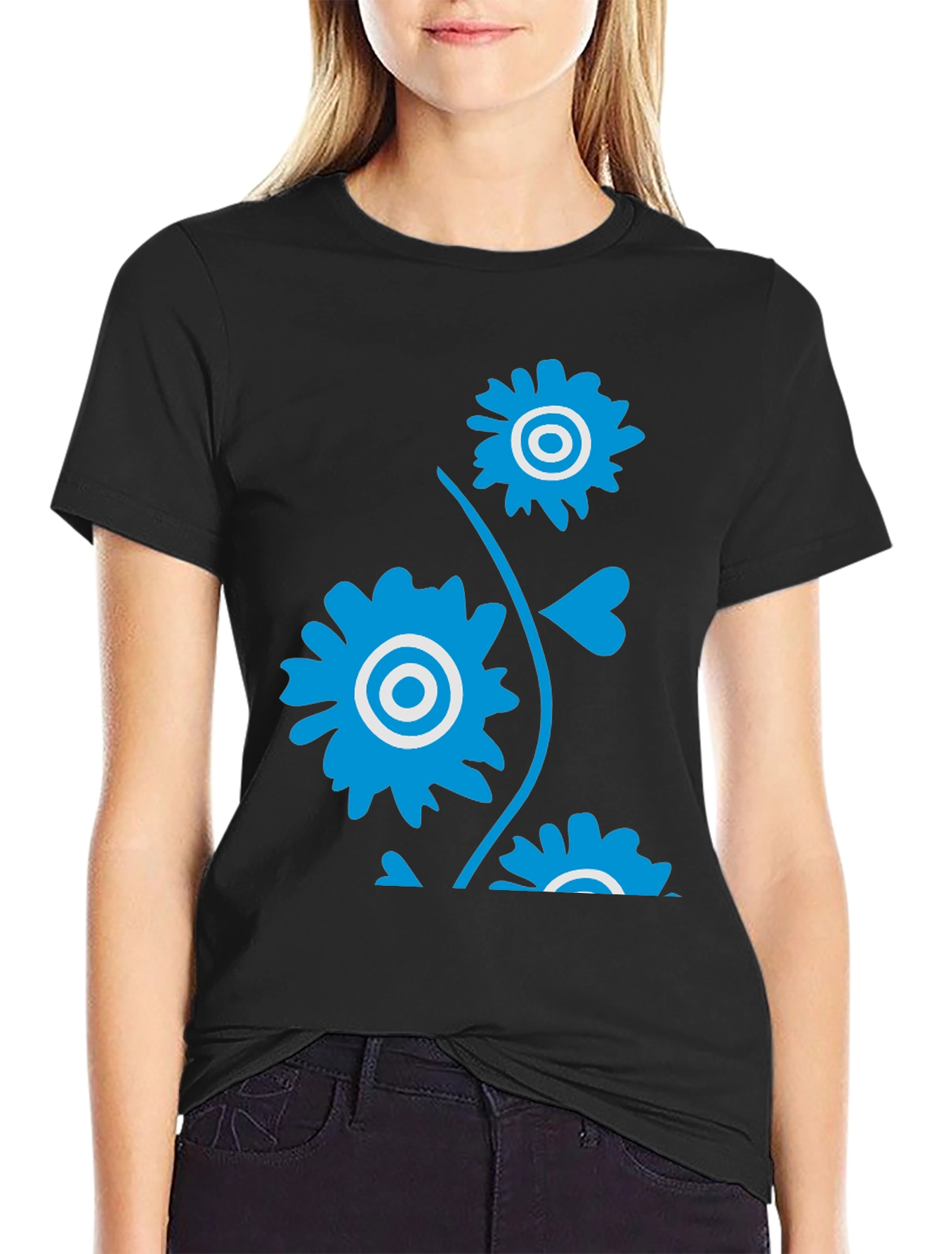 Mens Black T-Shirt with Blue Floral Design