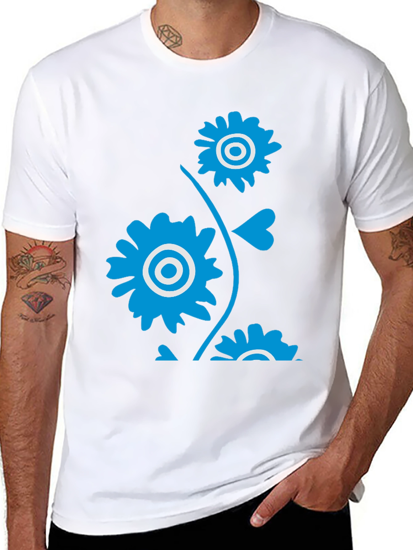 Mens Black T-Shirt with Blue Floral Design