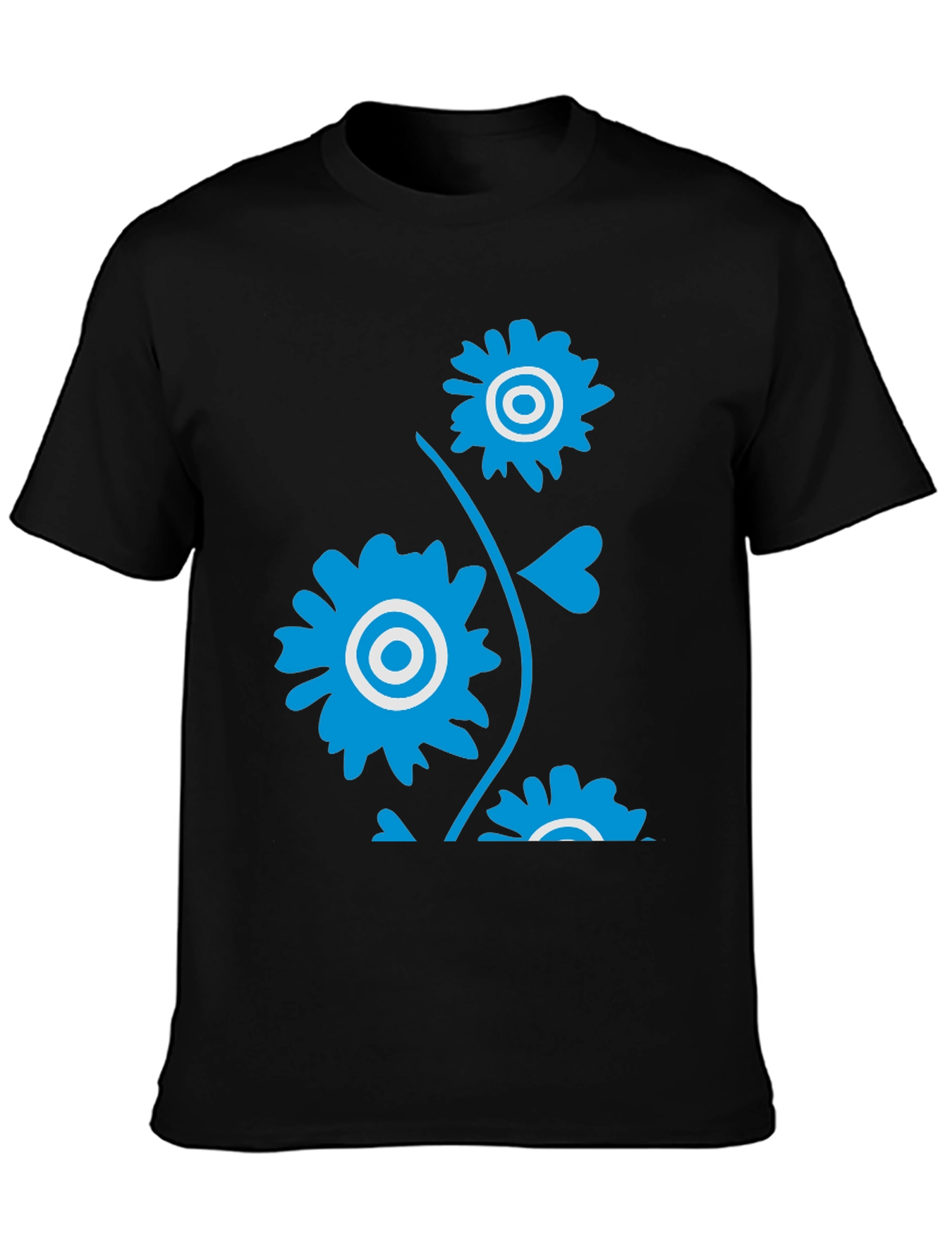 Mens Black T-Shirt with Blue Floral Design