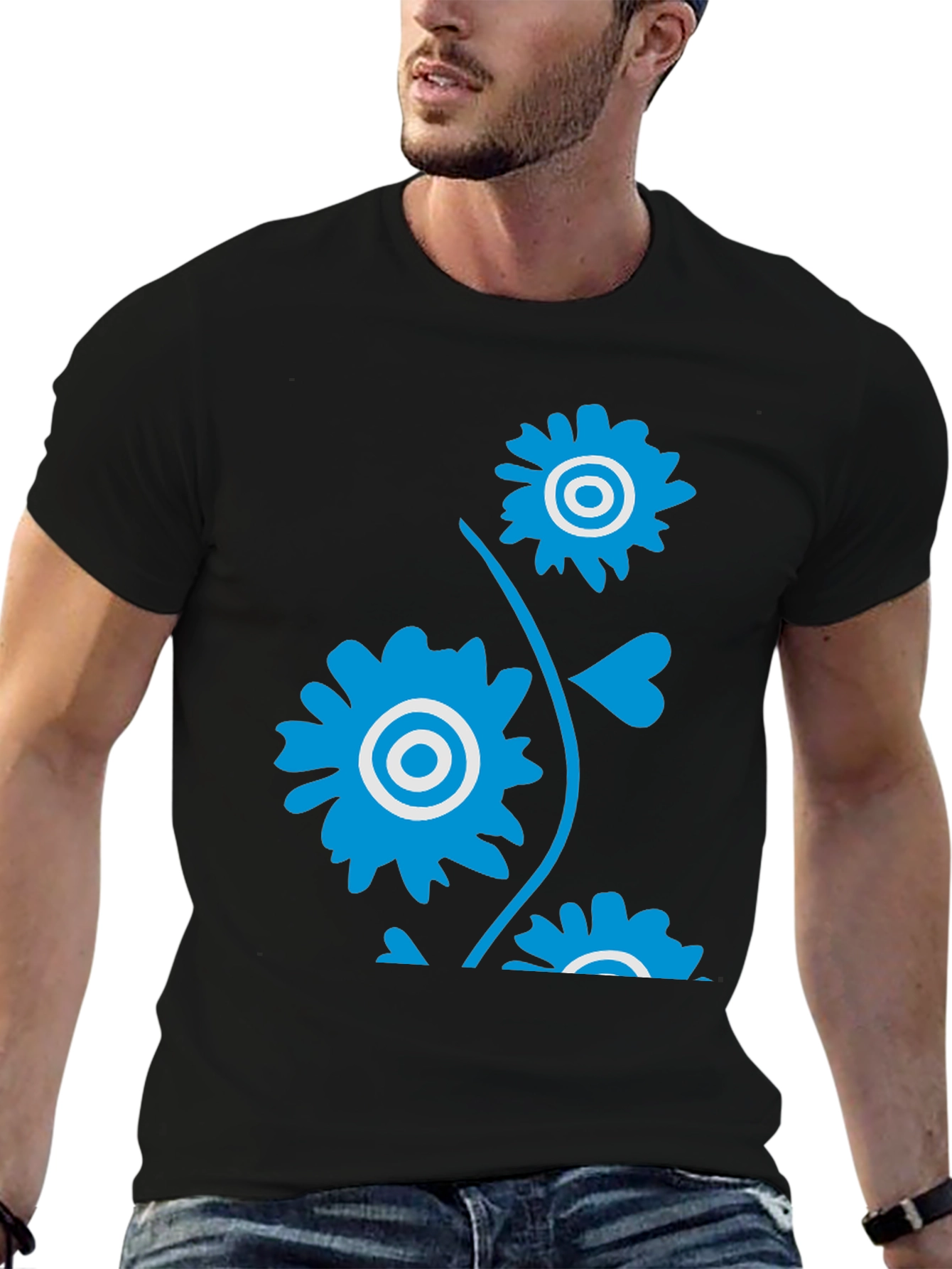 Mens Black T-Shirt with Blue Floral Design