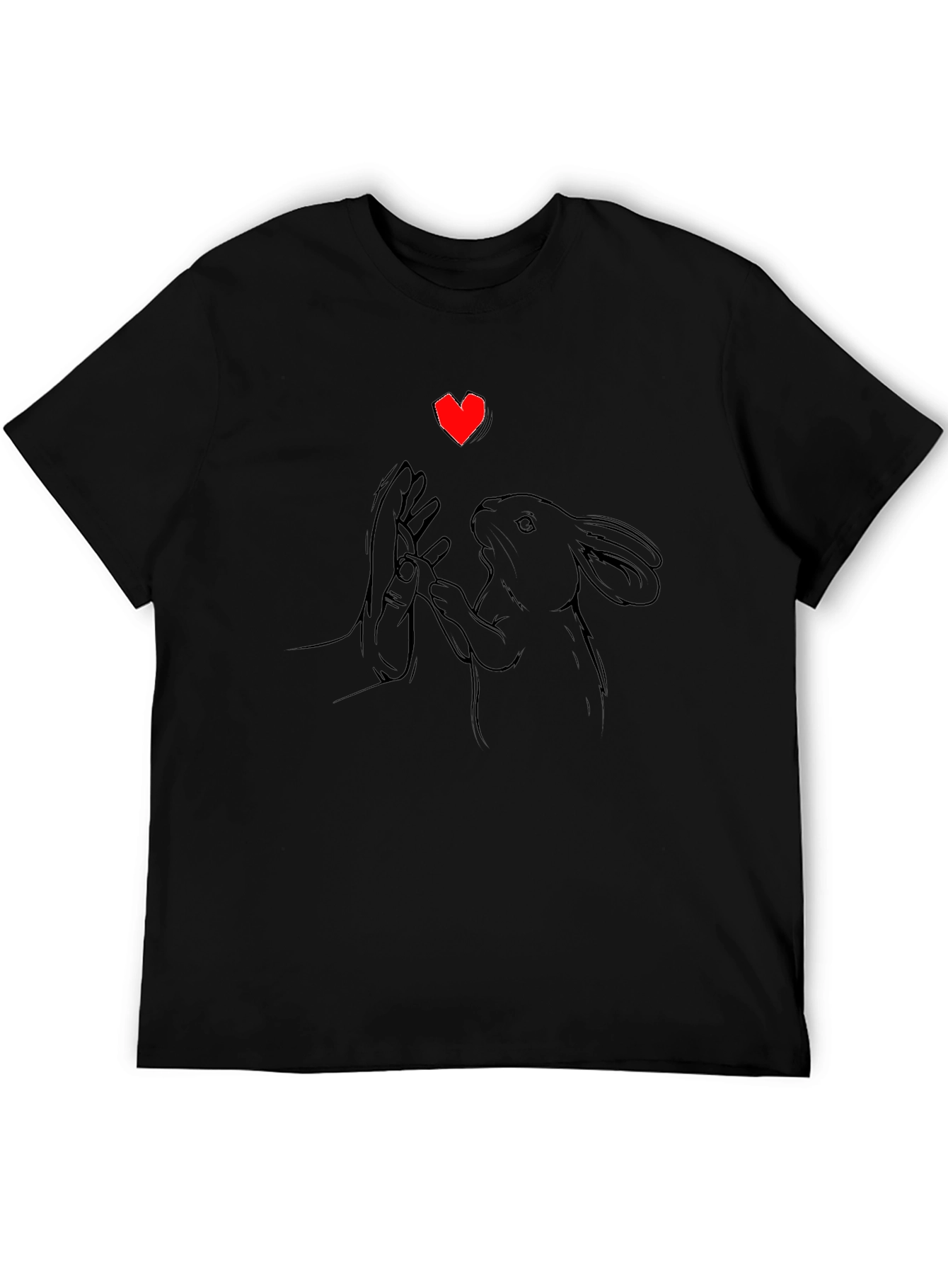 Heart Rabbit Graphic Tee - Black Cotton T-Shirt