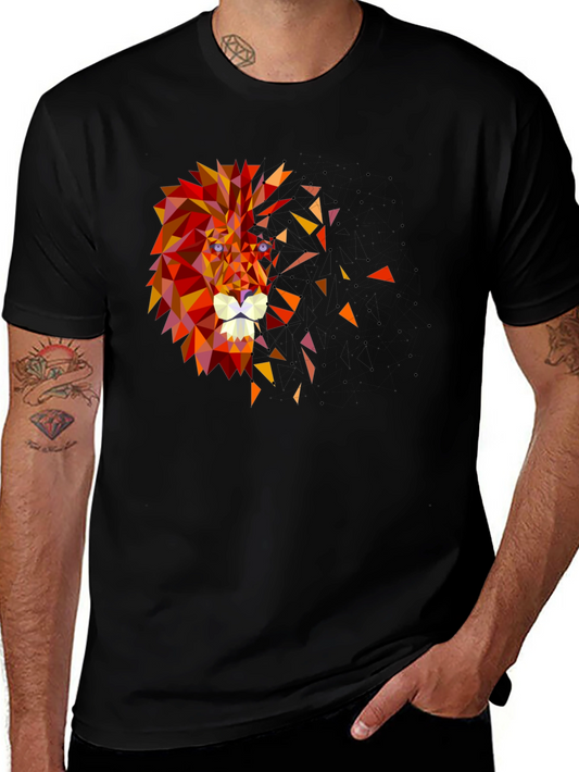 Geometric Lion Head Graphic Black Tee