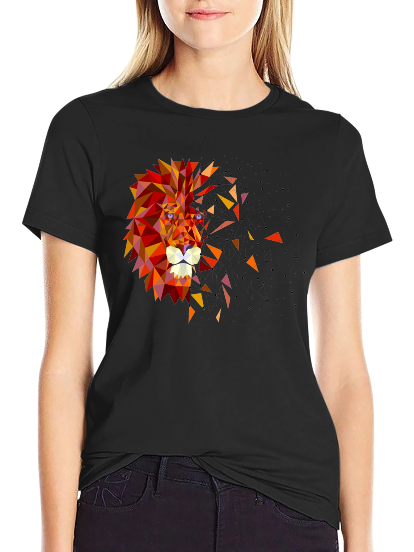 Geometric Lion Head Graphic Black Tee