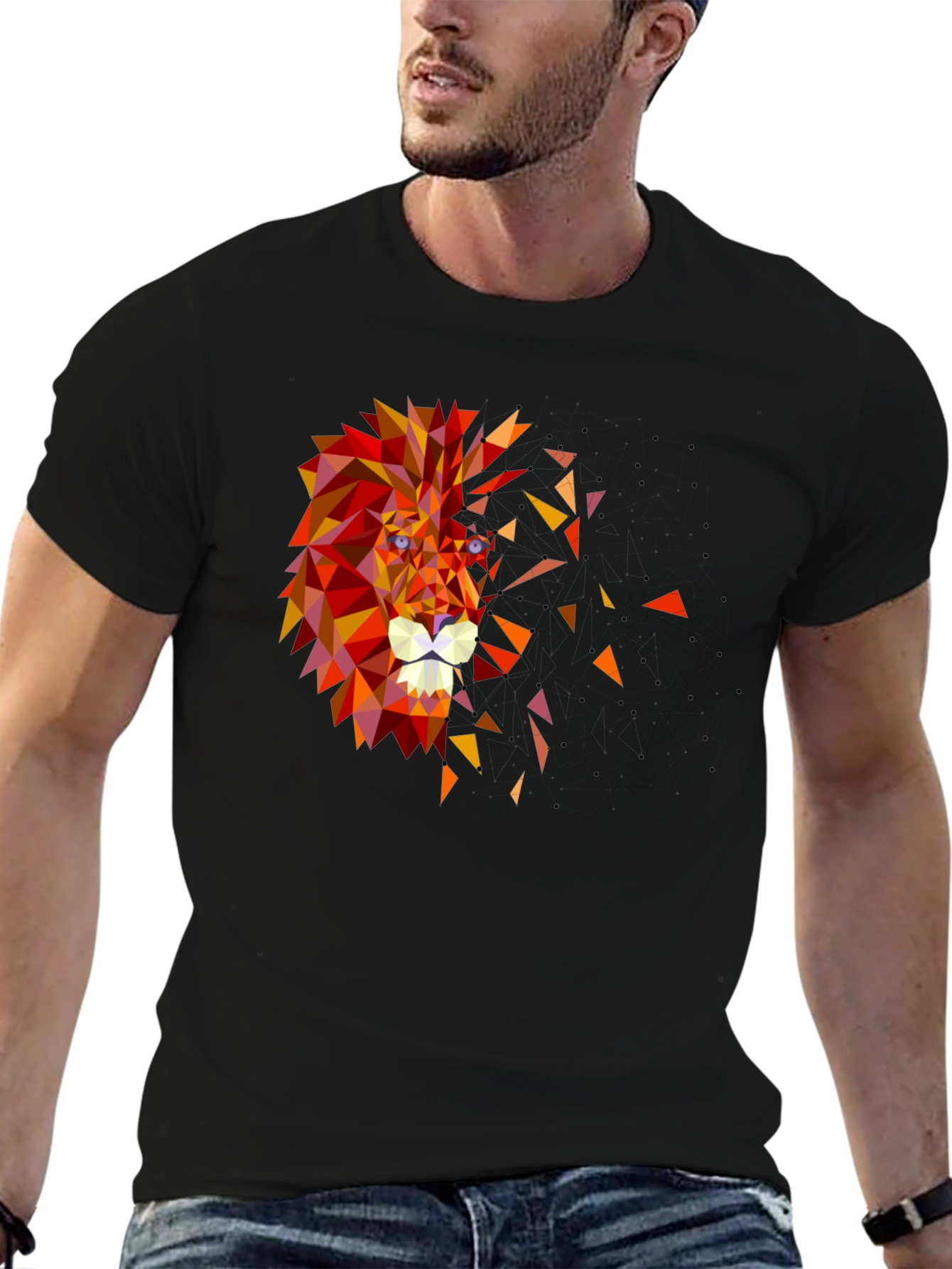Geometric Lion Head Graphic Black Tee
