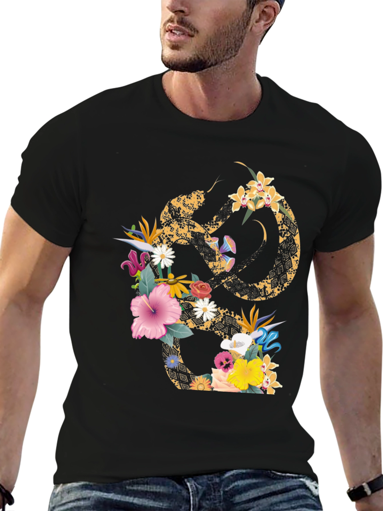 Floral Snake Graphic T-Shirt - Stylish Mens Tee