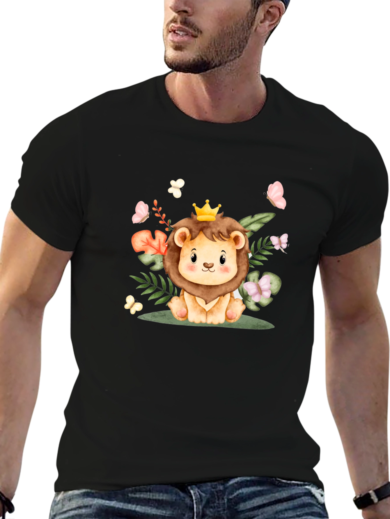 Cute Lion King Graphic Tee - Black Cotton Blend