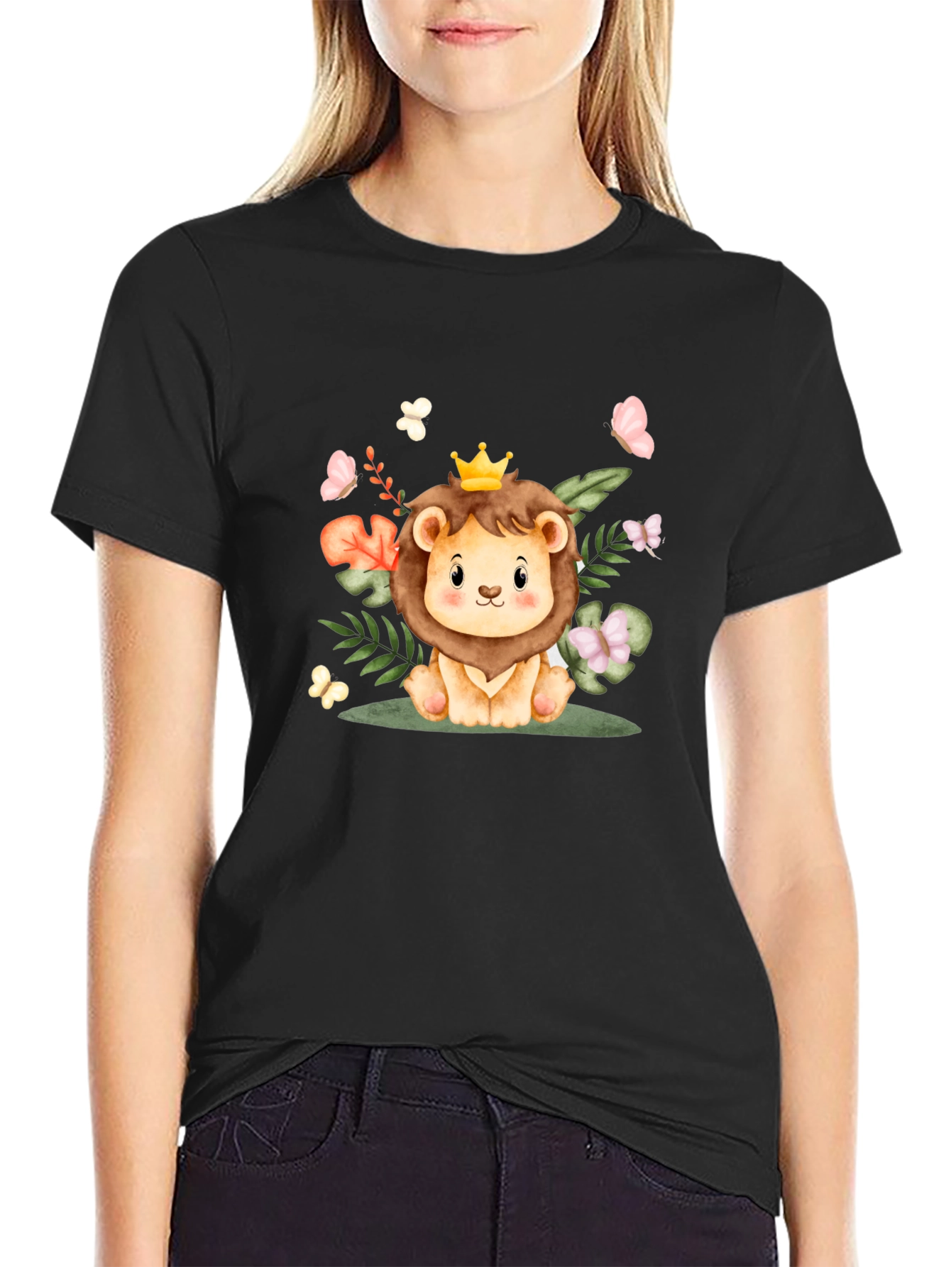 Cute Lion King Graphic Tee - Black Cotton Blend