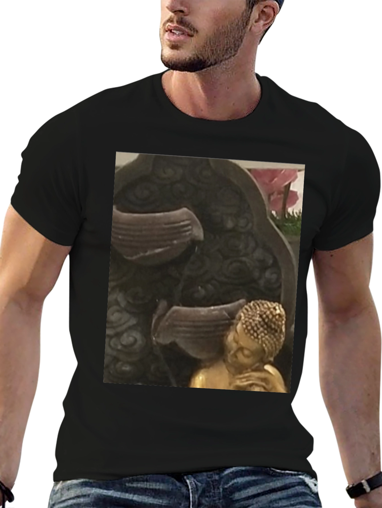 Buddha Fountain Black Tee - Zen Garden Style