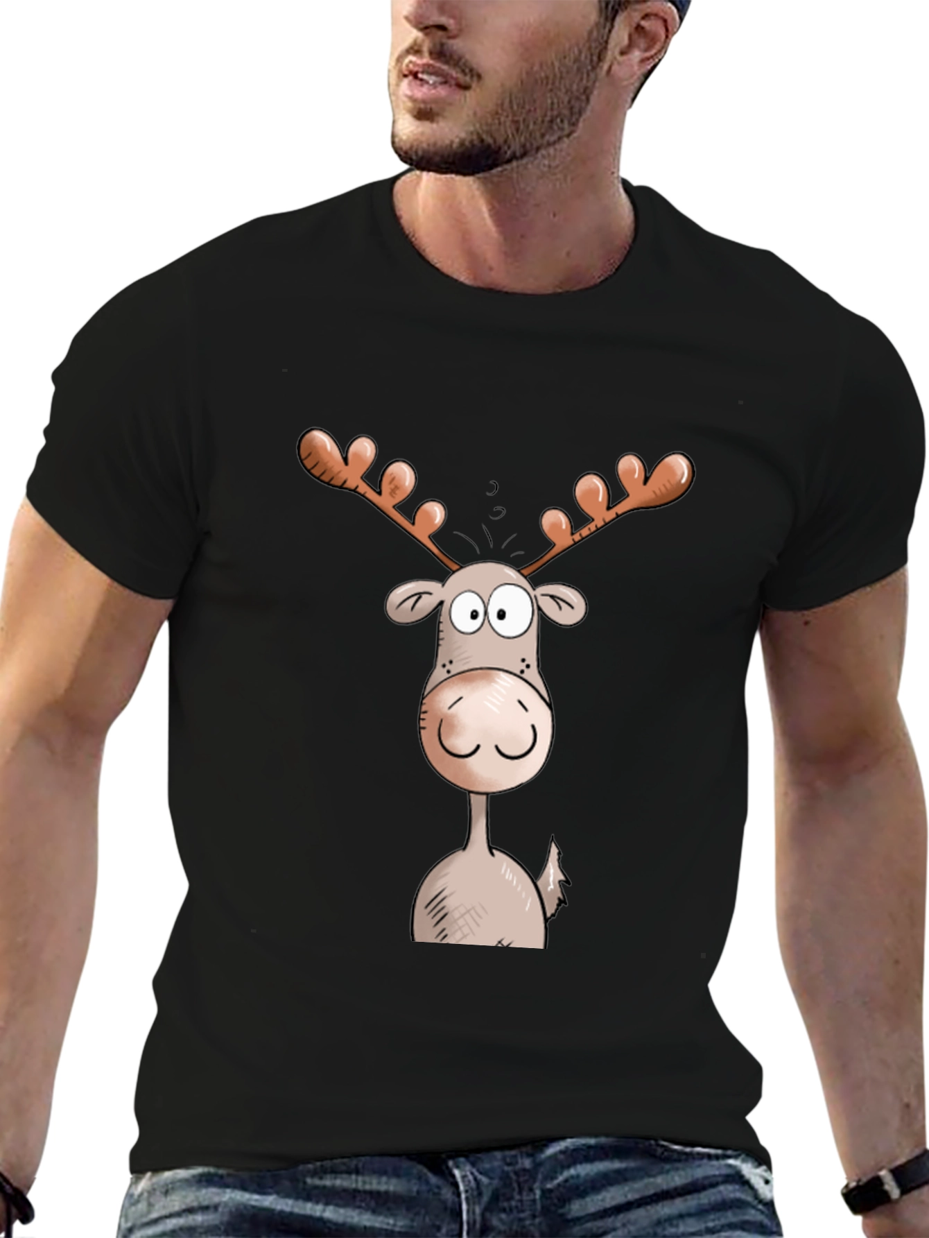 Moose Cartoon Graphic Tee - Black Cotton Blend