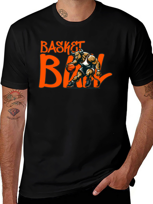Basketball Bull Graphic Tee - Black Cotton T-Shirt