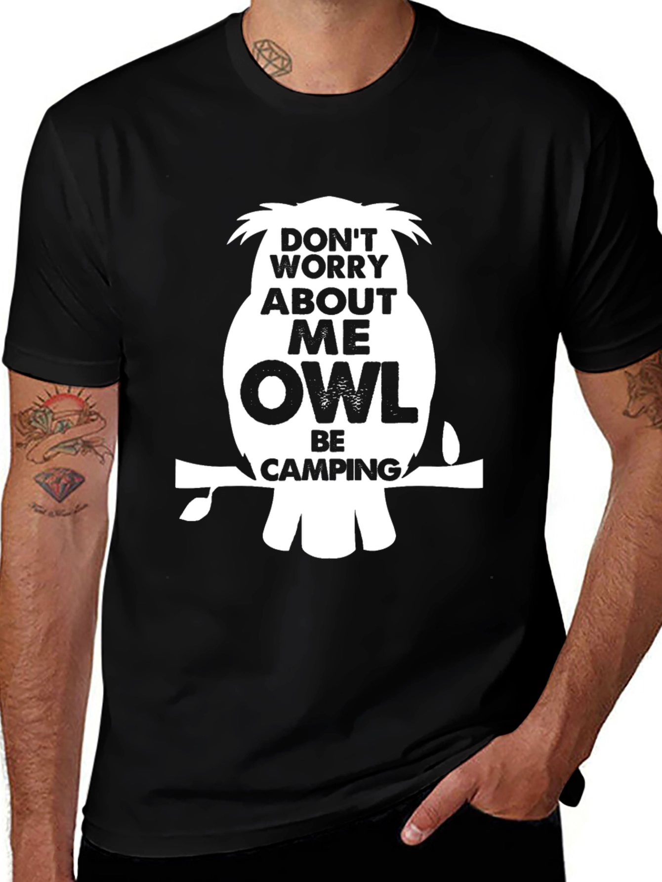Funny Owl Camping Graphic T-Shirt - Black