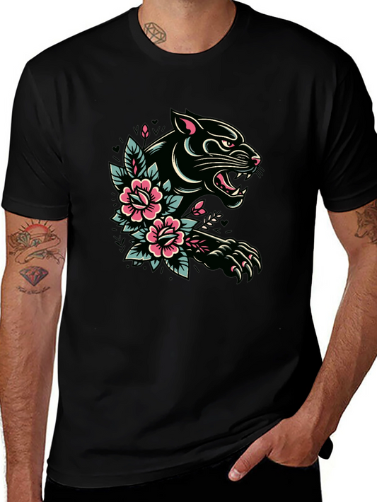 Black Panther Floral Tattoo Graphic T-Shirt