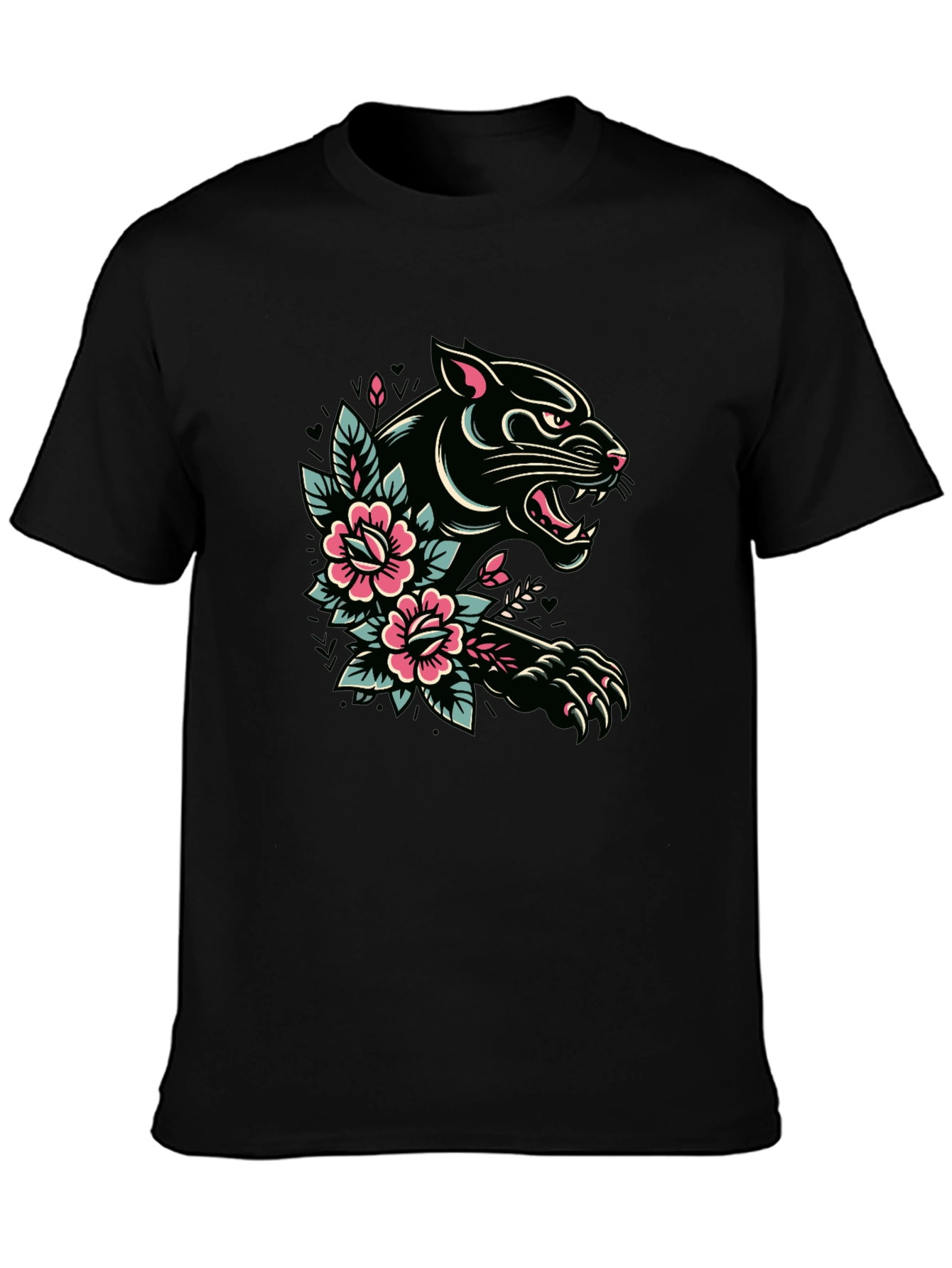 Black Panther Floral Tattoo Graphic T-Shirt