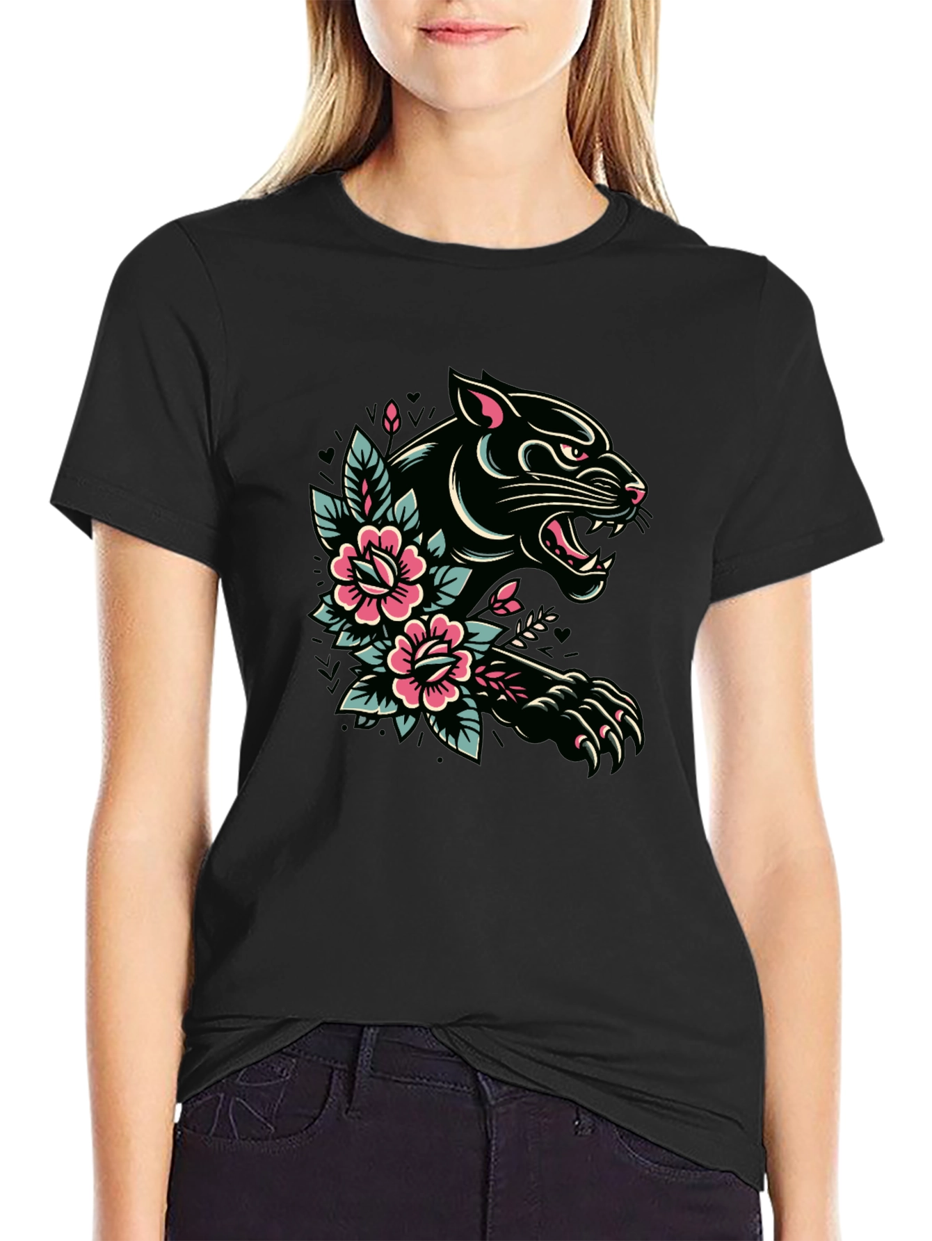 Black Panther Floral Tattoo Graphic T-Shirt