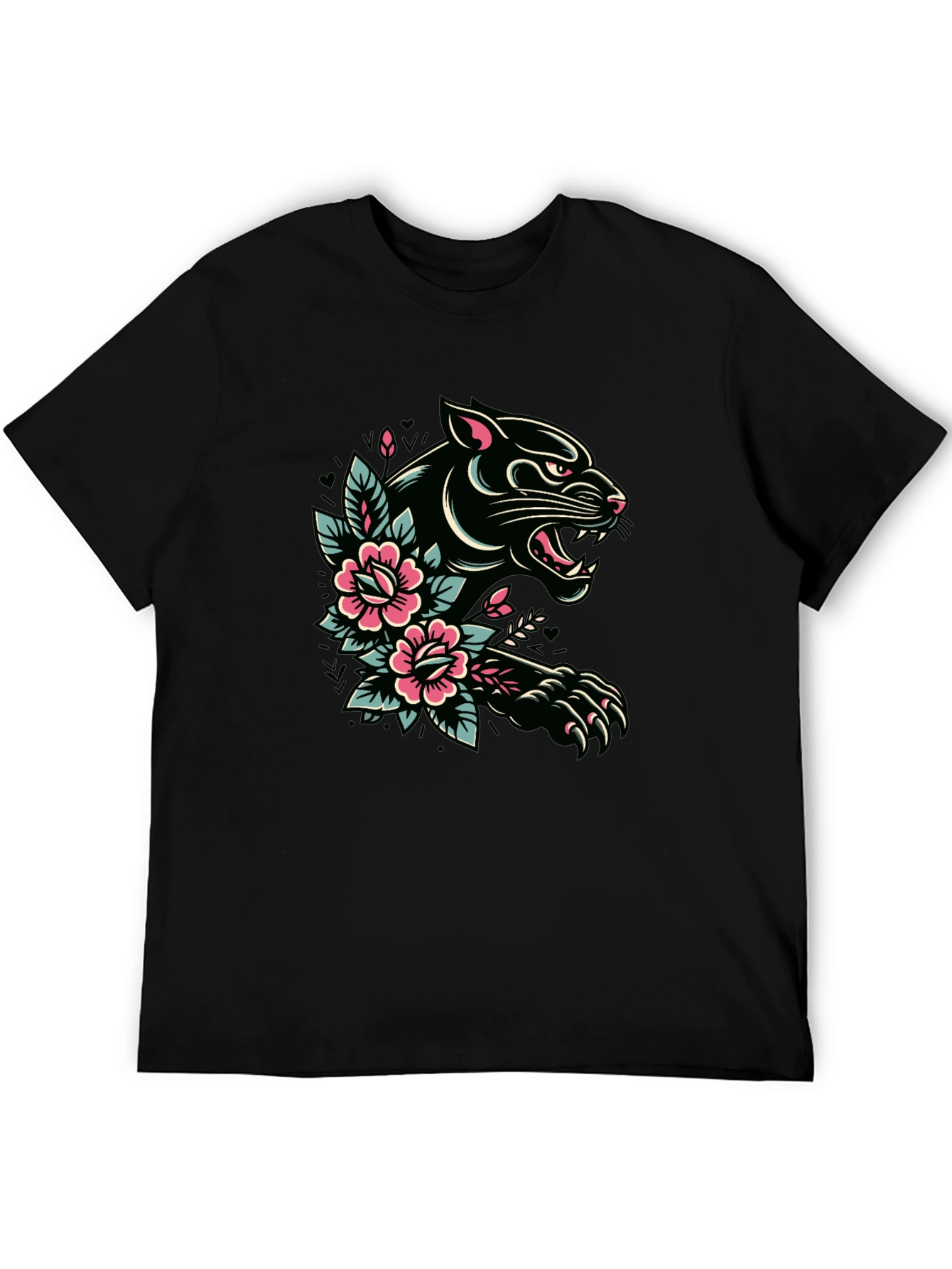 Black Panther Floral Tattoo Graphic T-Shirt