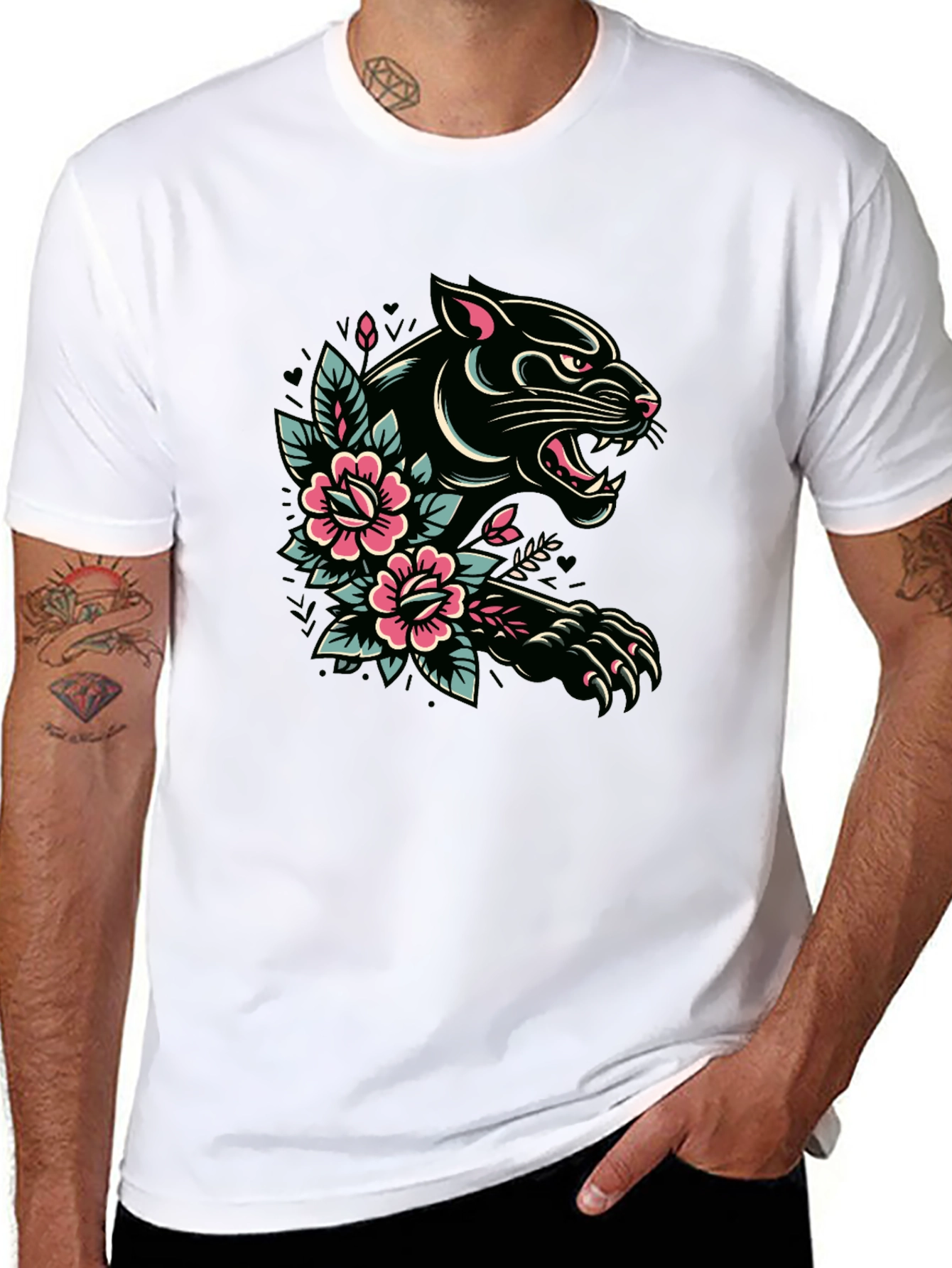 Black Panther Floral Tattoo Graphic T-Shirt