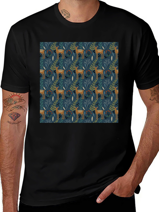 Patterned Deer Print Black T-Shirt