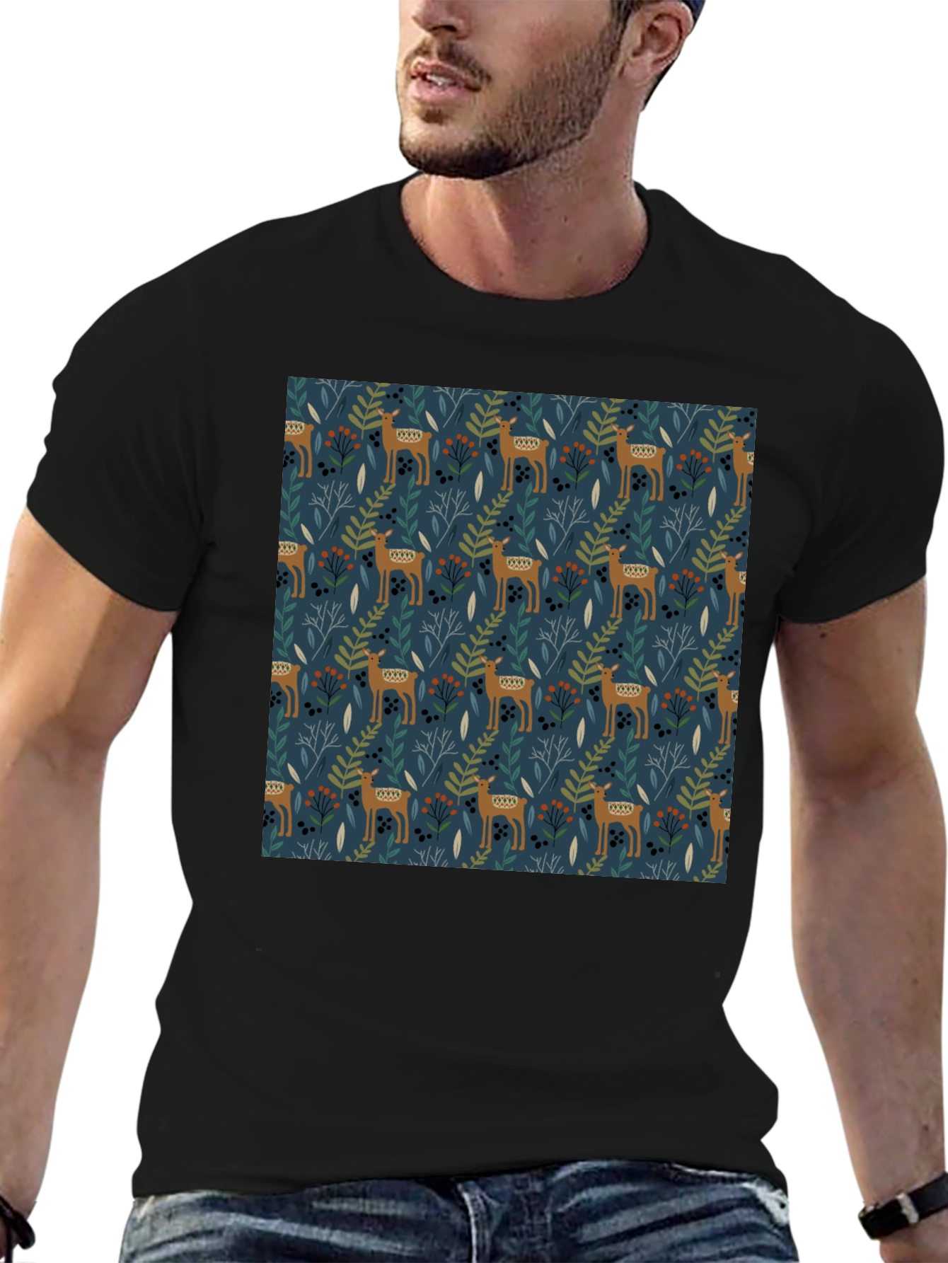 Patterned Deer Print Black T-Shirt