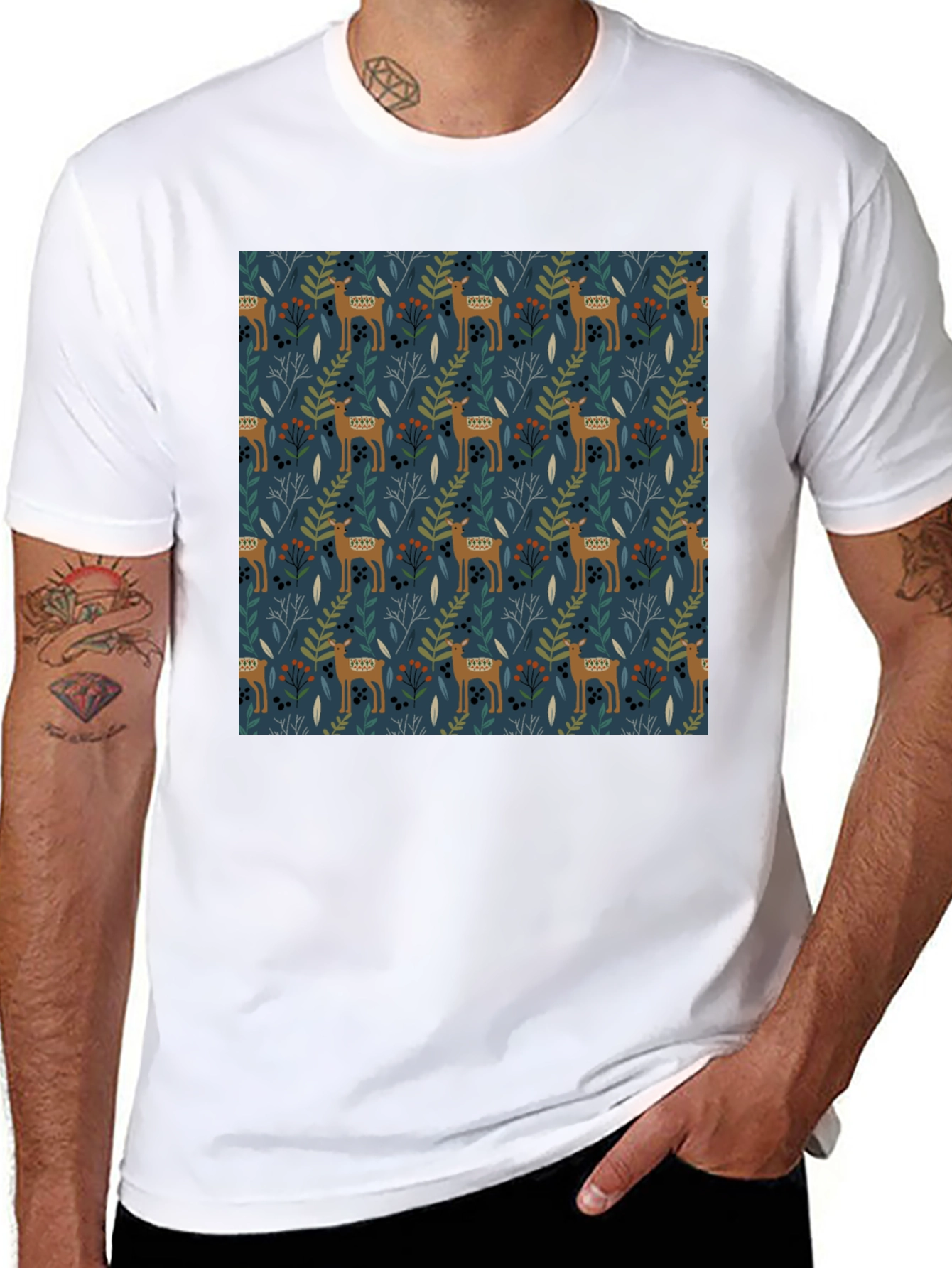 Patterned Deer Print Black T-Shirt