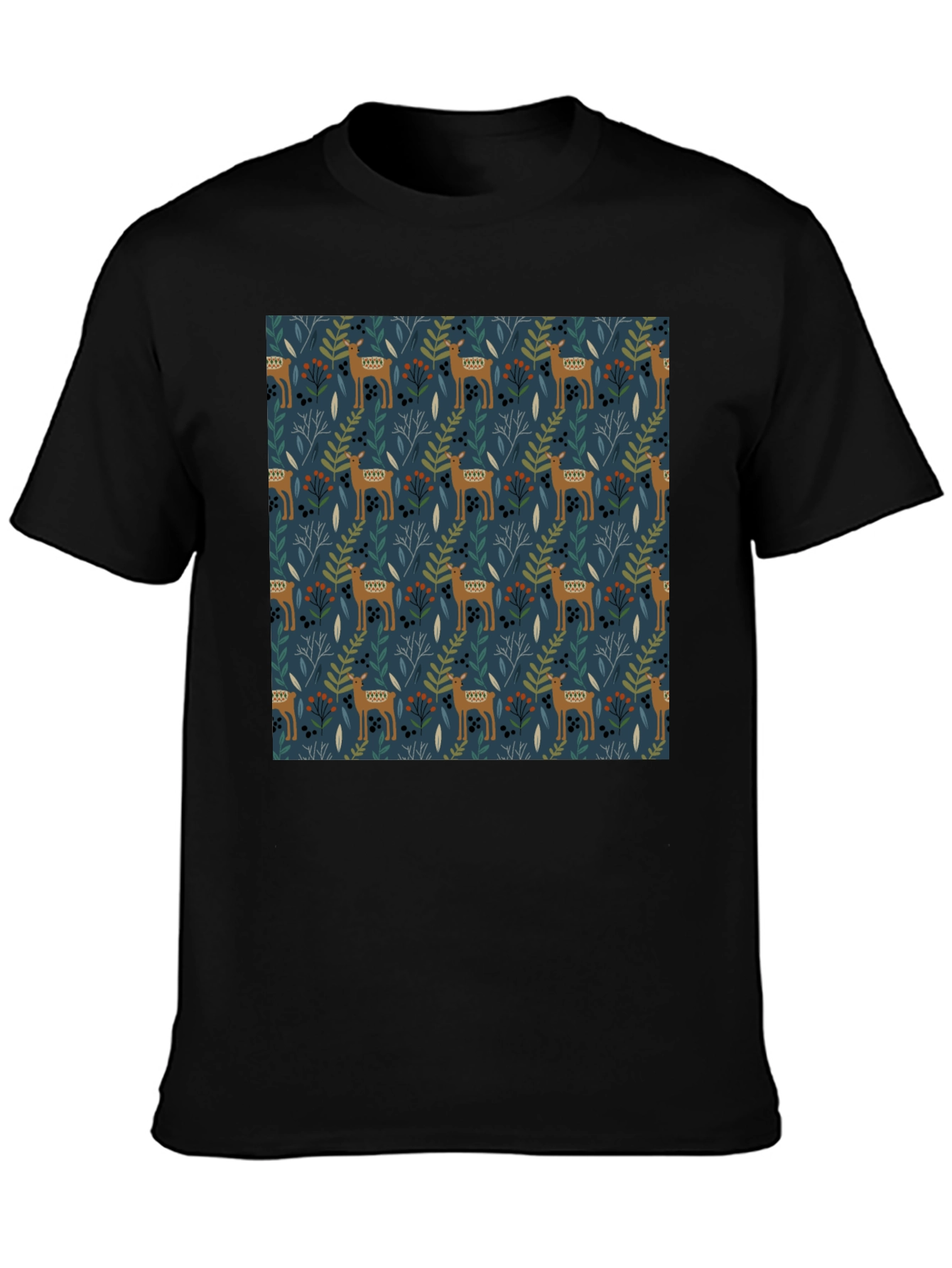 Patterned Deer Print Black T-Shirt