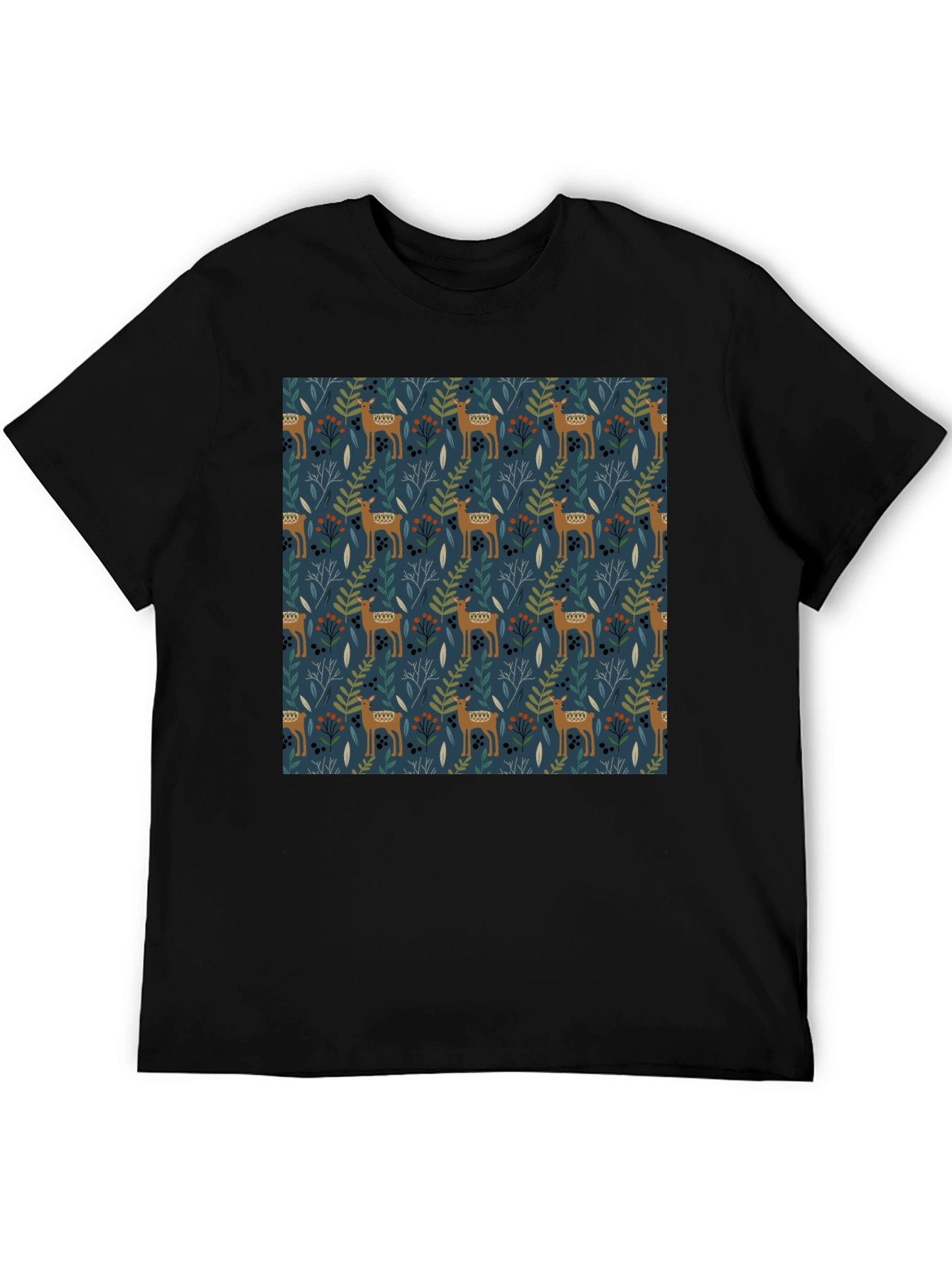 Patterned Deer Print Black T-Shirt