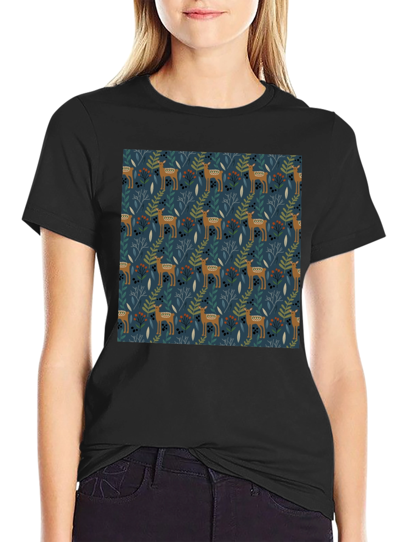 Patterned Deer Print Black T-Shirt