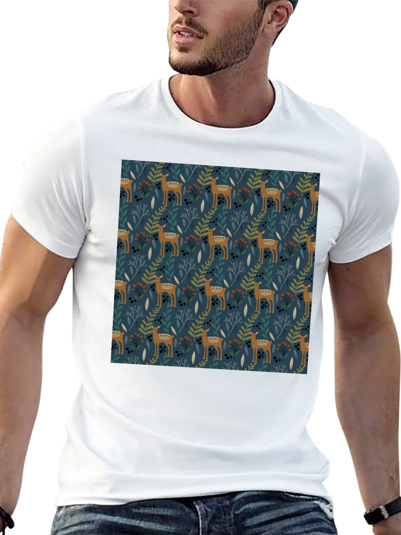 Patterned Deer Print Black T-Shirt