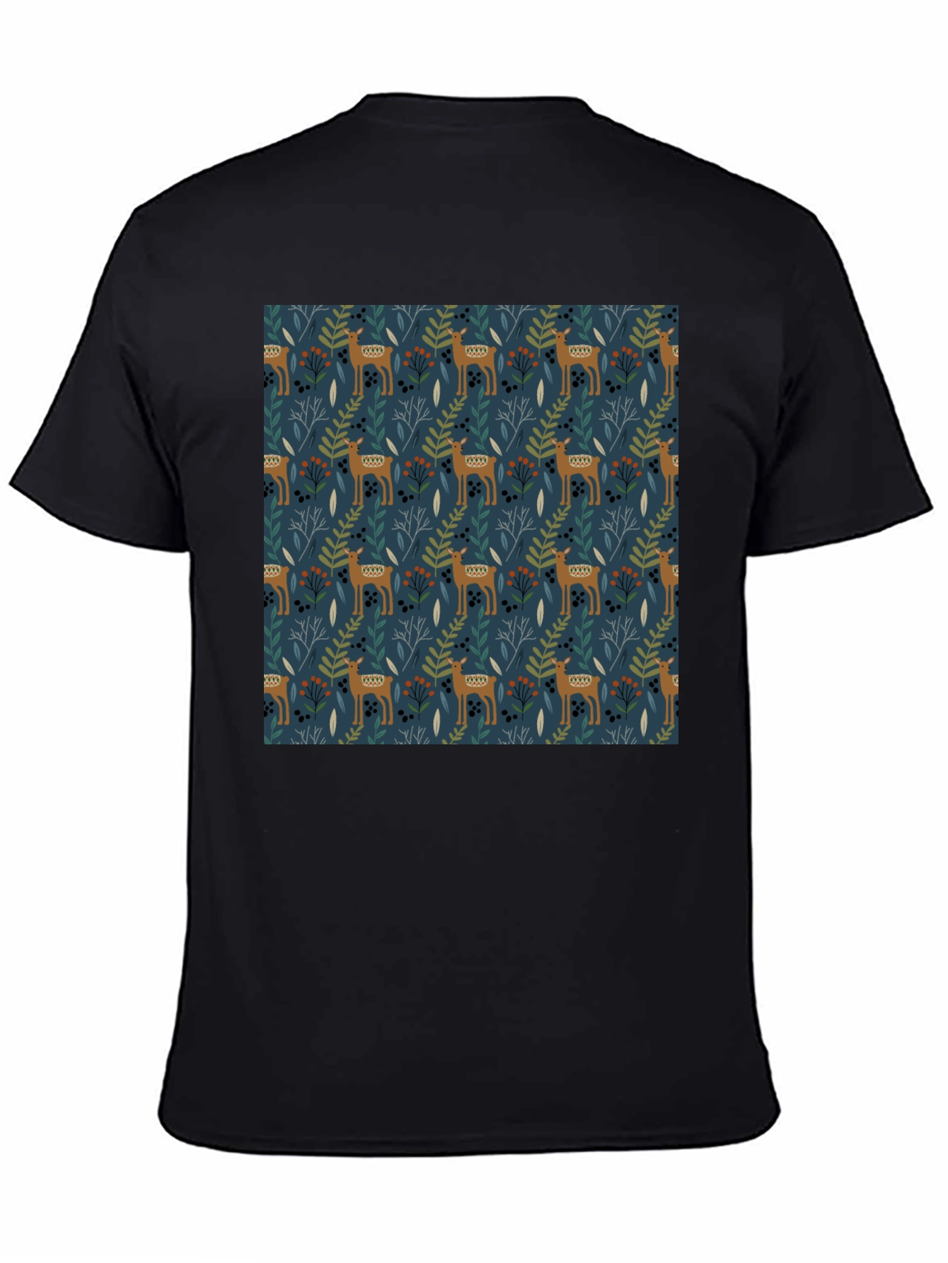 Patterned Deer Print Black T-Shirt