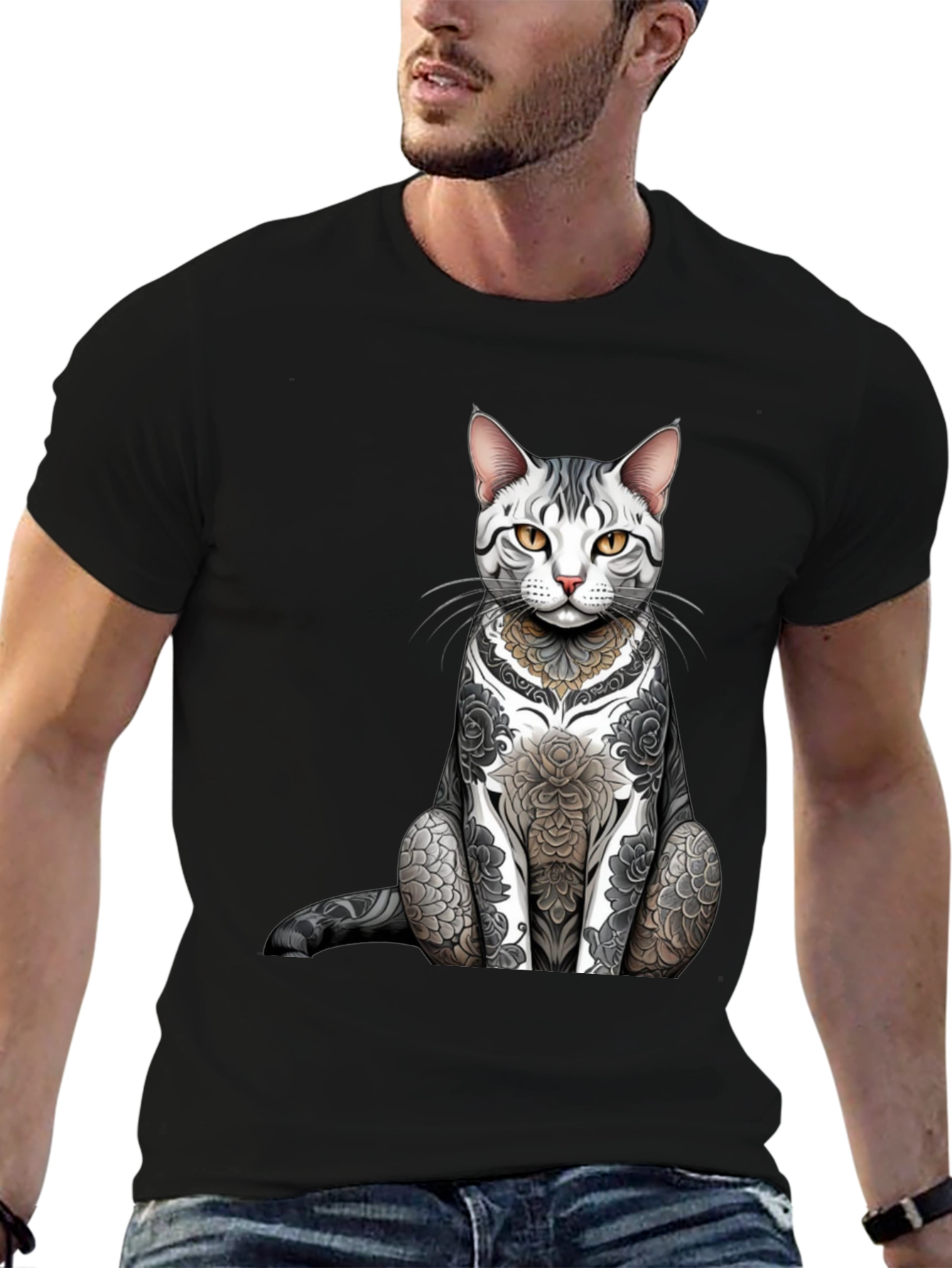 Tattooed Cat Graphic Tee - Unique Design