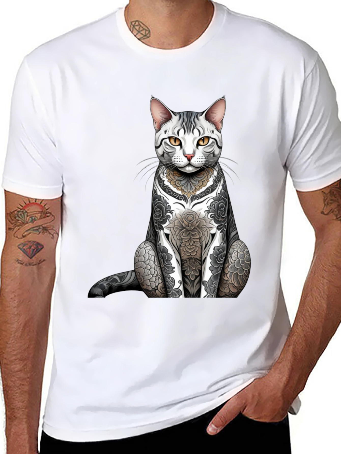 Tattooed Cat Graphic Tee - Unique Design