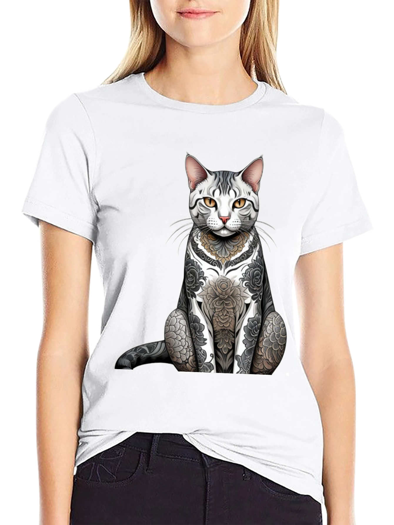 Tattooed Cat Graphic Tee - Unique Design