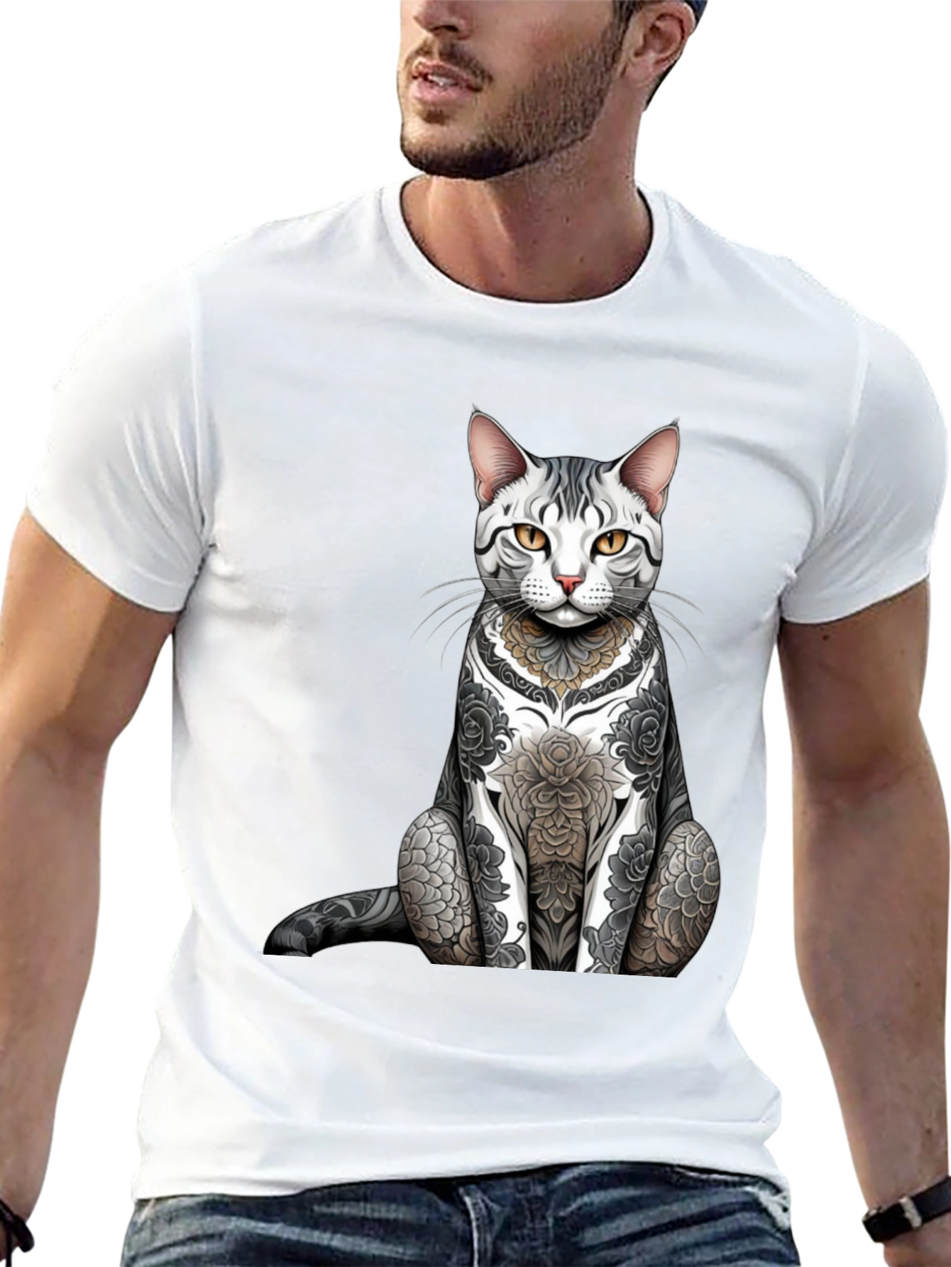 Tattooed Cat Graphic Tee - Unique Design