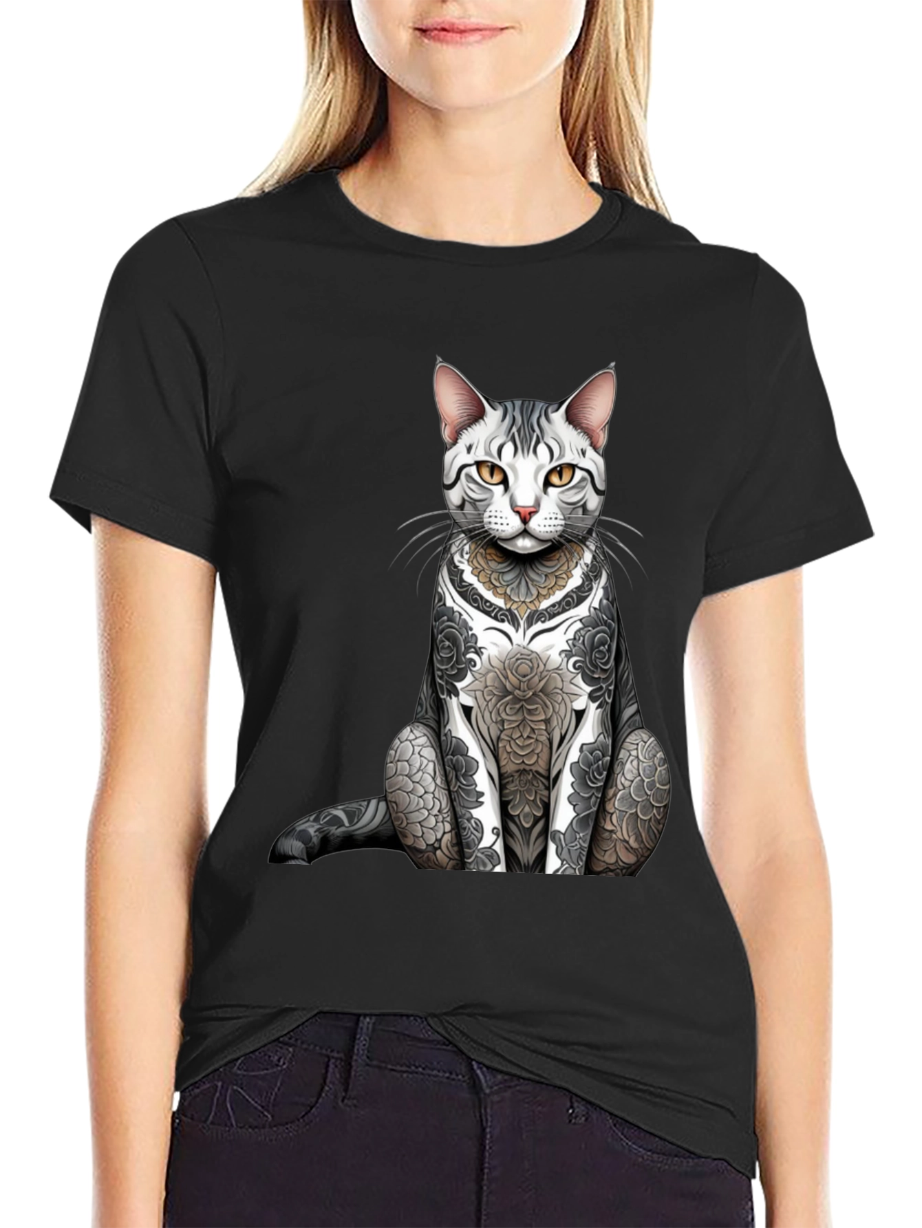 Tattooed Cat Graphic Tee - Unique Design