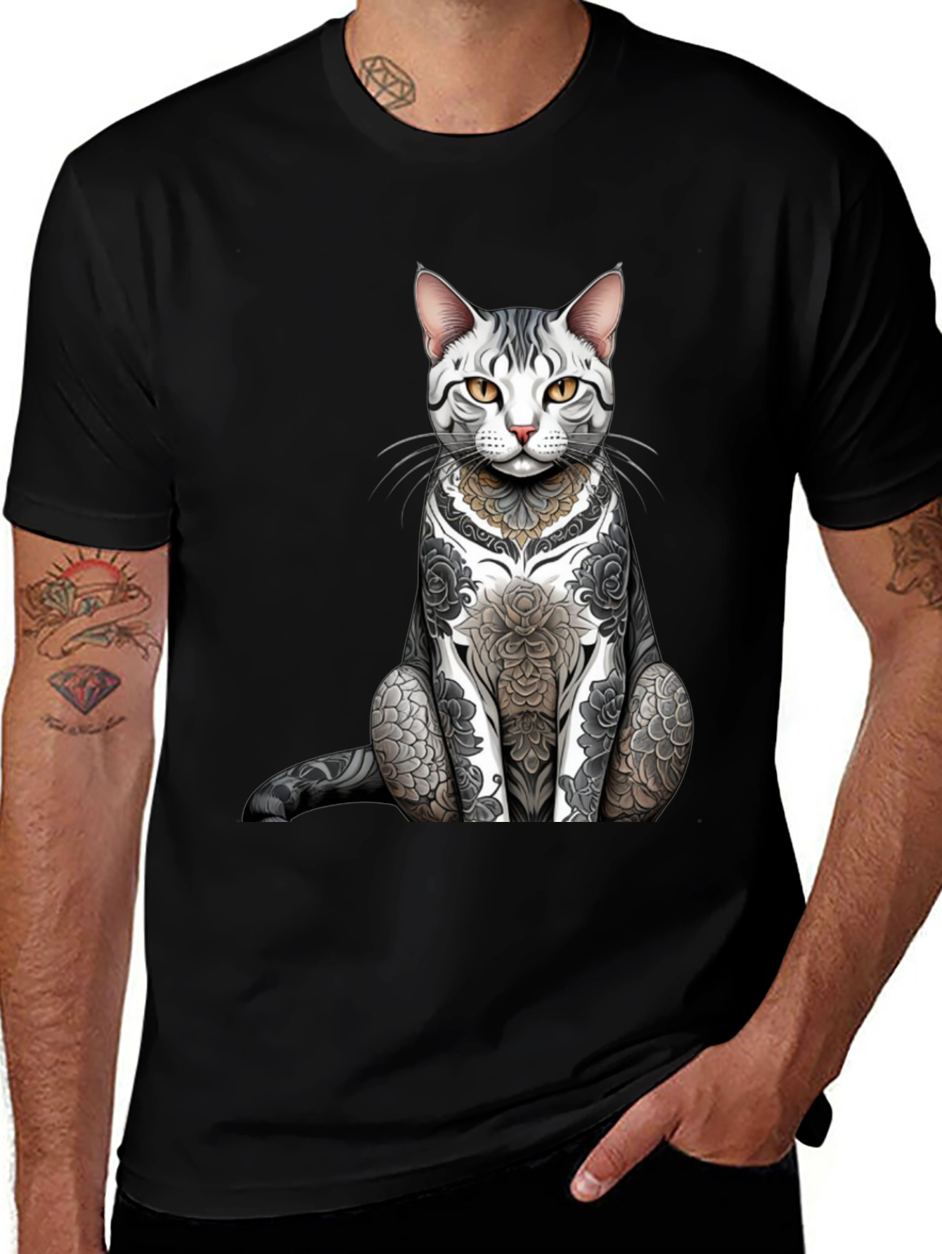 Tattooed Cat Graphic Tee - Unique Design