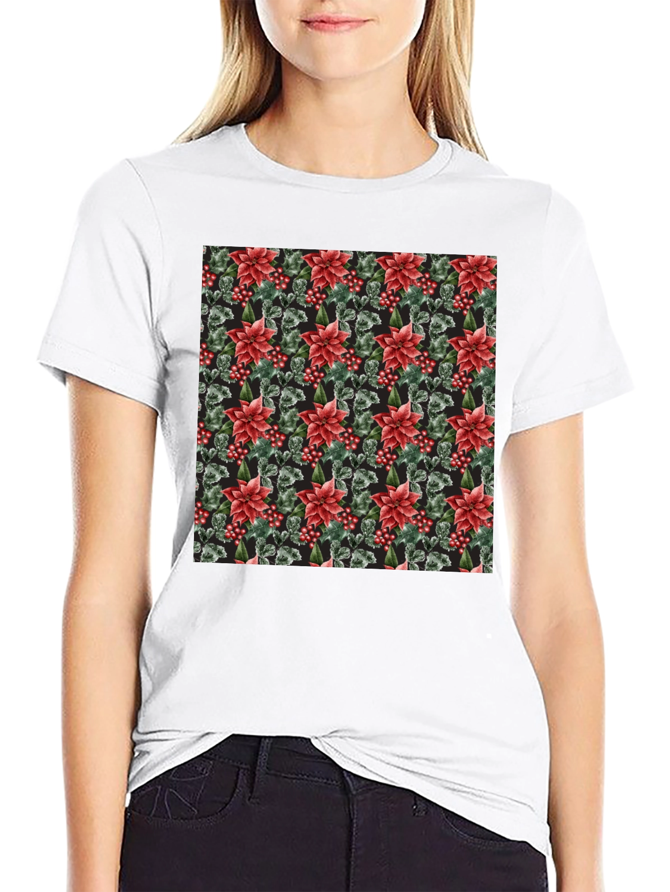 Floral Poinsettia Print Black T-Shirt