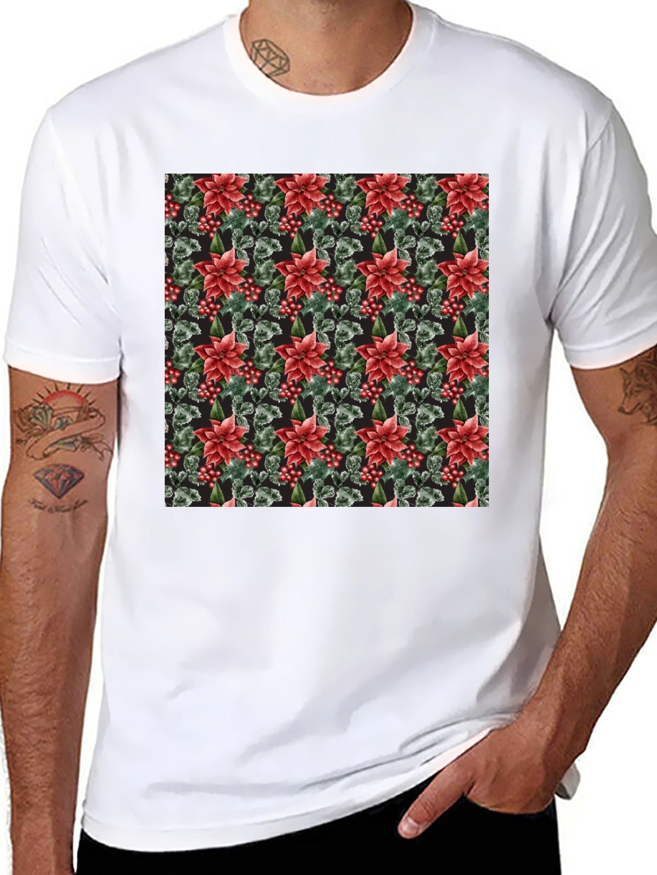 Floral Poinsettia Print Black T-Shirt