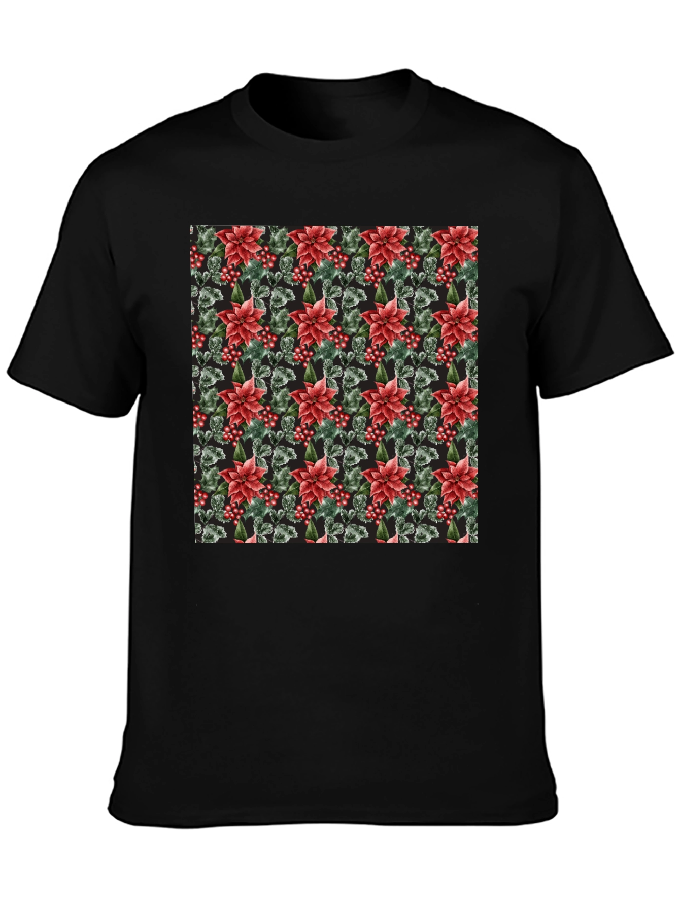 Floral Poinsettia Print Black T-Shirt