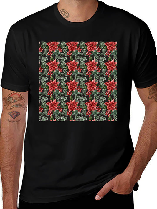 Floral Poinsettia Print Black T-Shirt