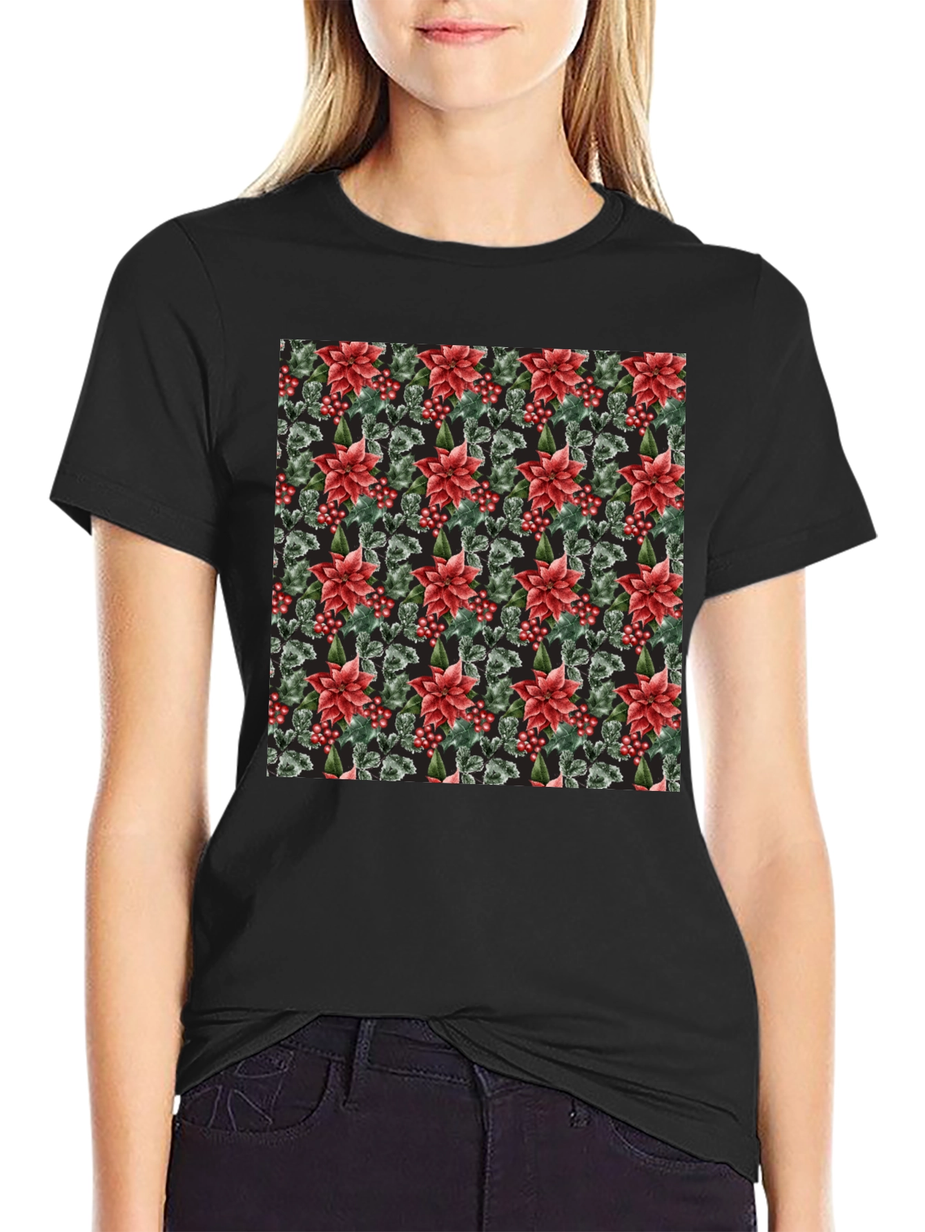 Floral Poinsettia Print Black T-Shirt