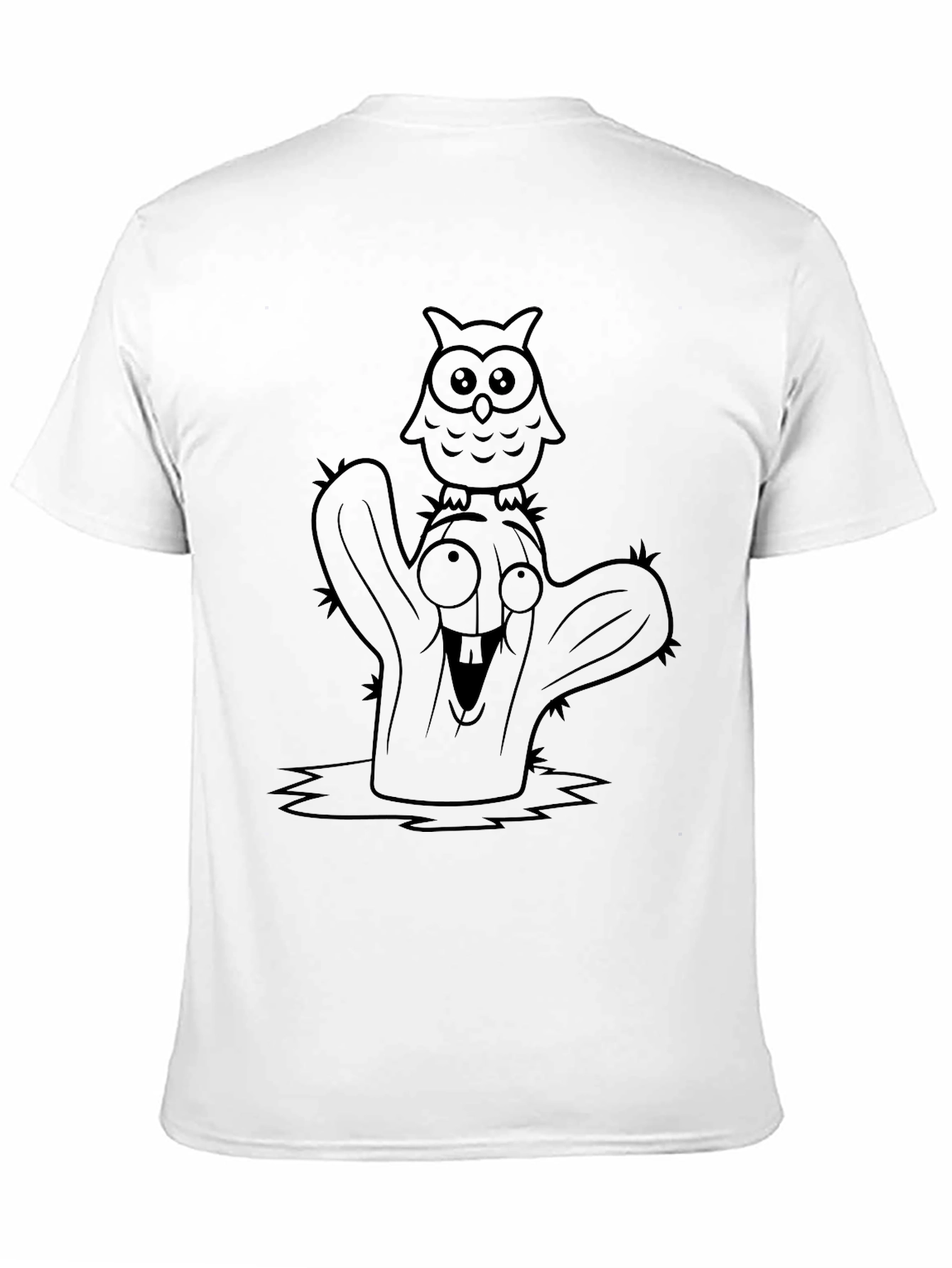 Cartoon Owl Cactus Black T-Shirt