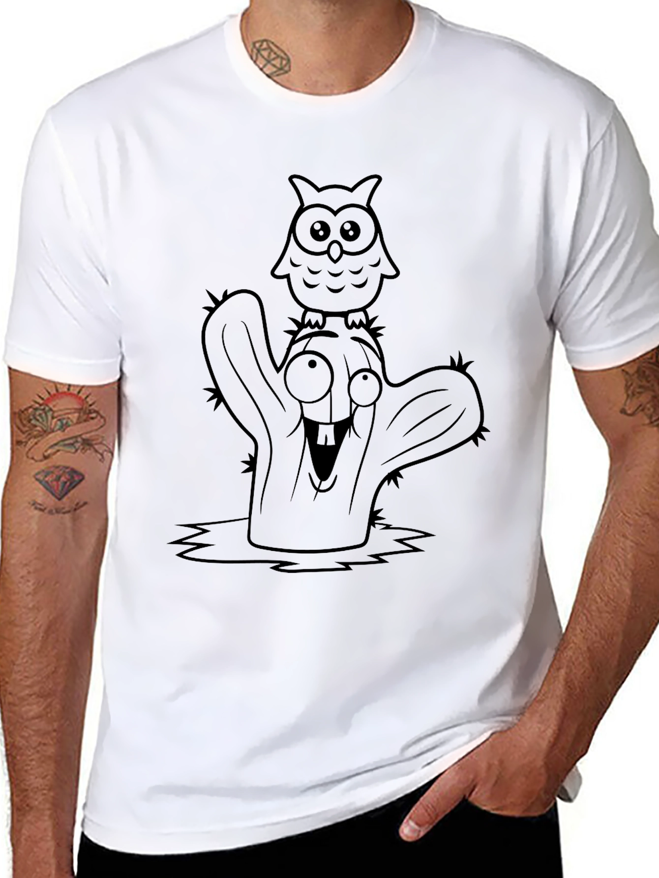 Cartoon Owl Cactus Black T-Shirt