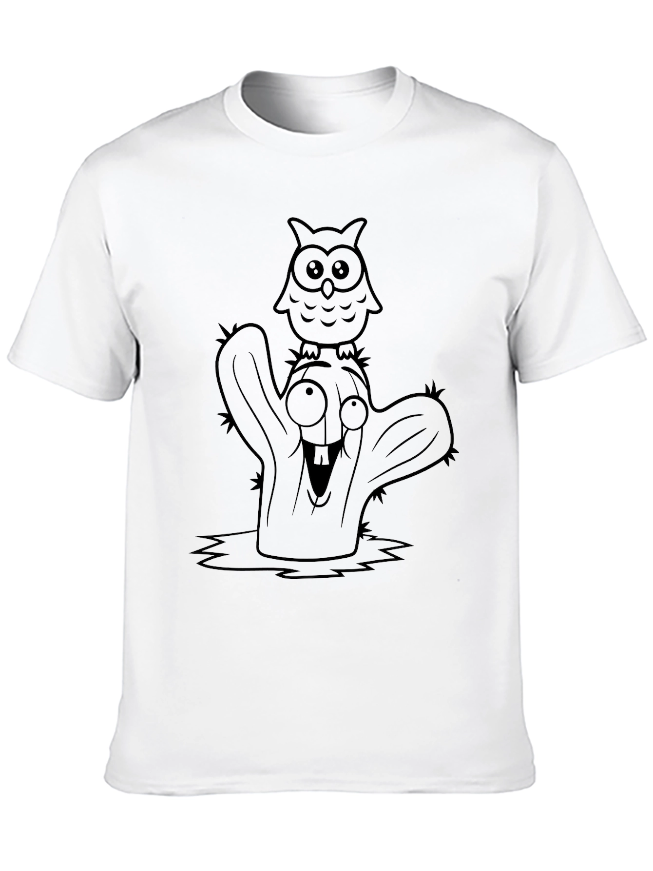 Cartoon Owl Cactus Black T-Shirt