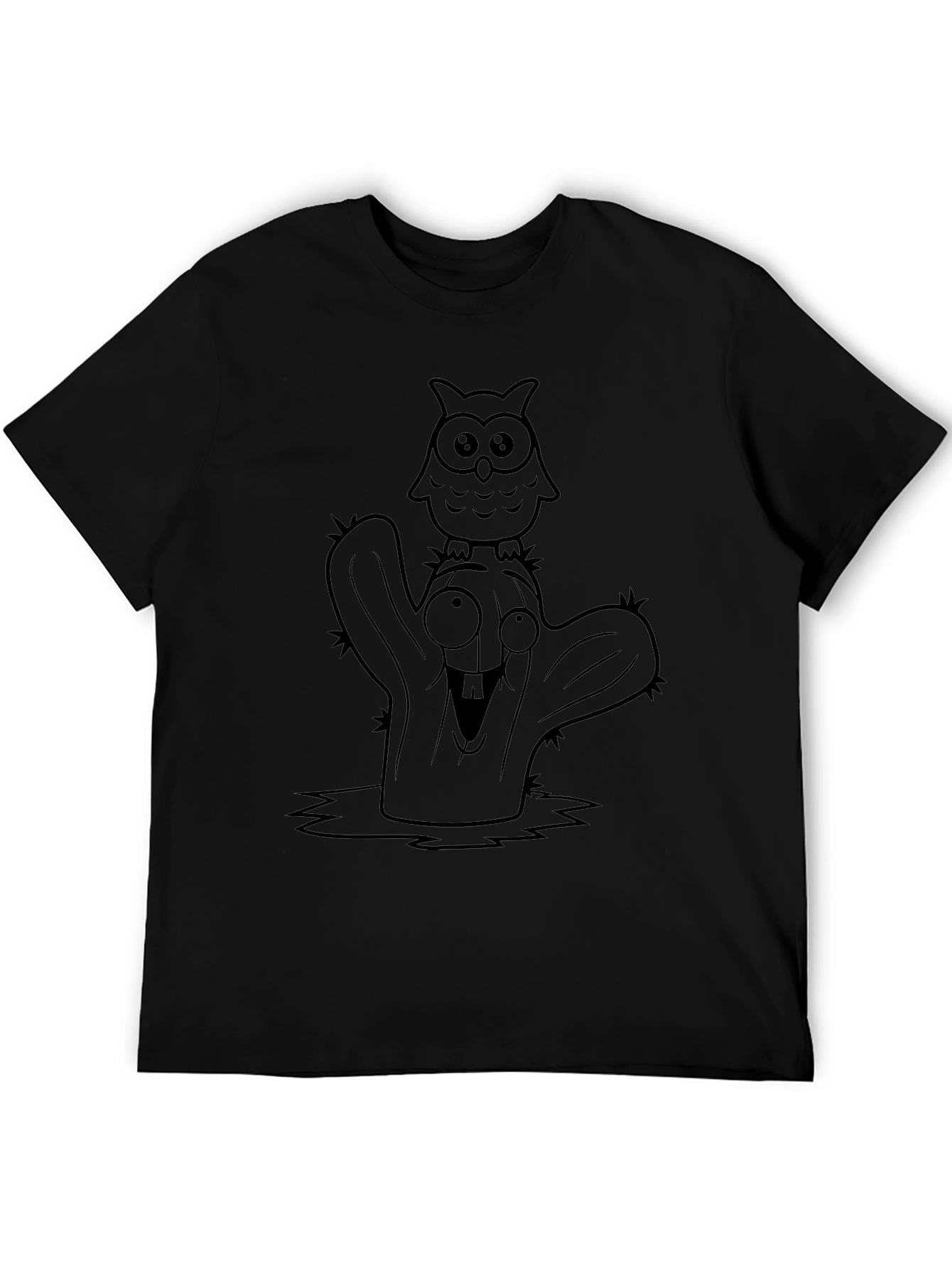 Cartoon Owl Cactus Black T-Shirt