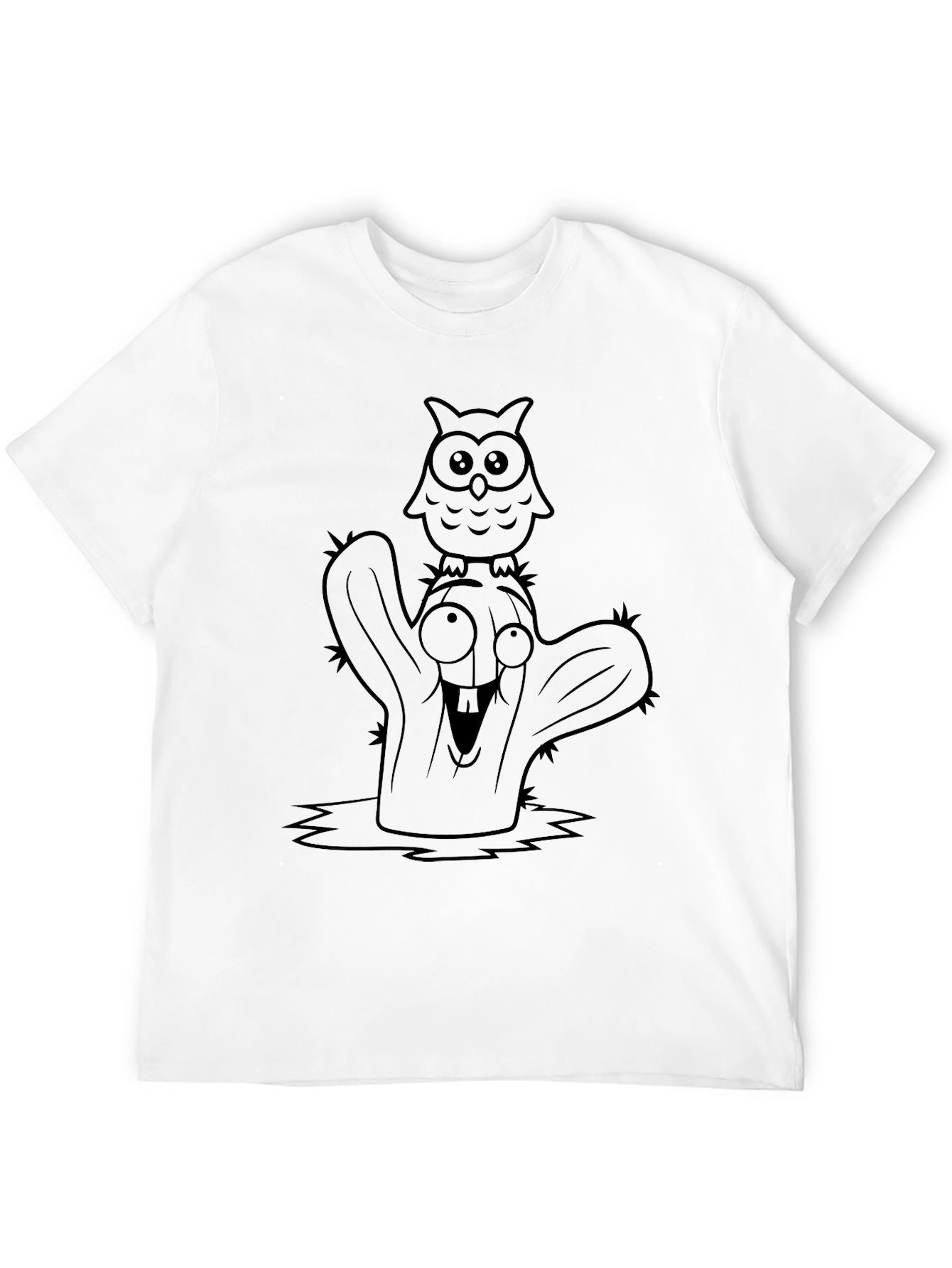 Cartoon Owl Cactus Black T-Shirt