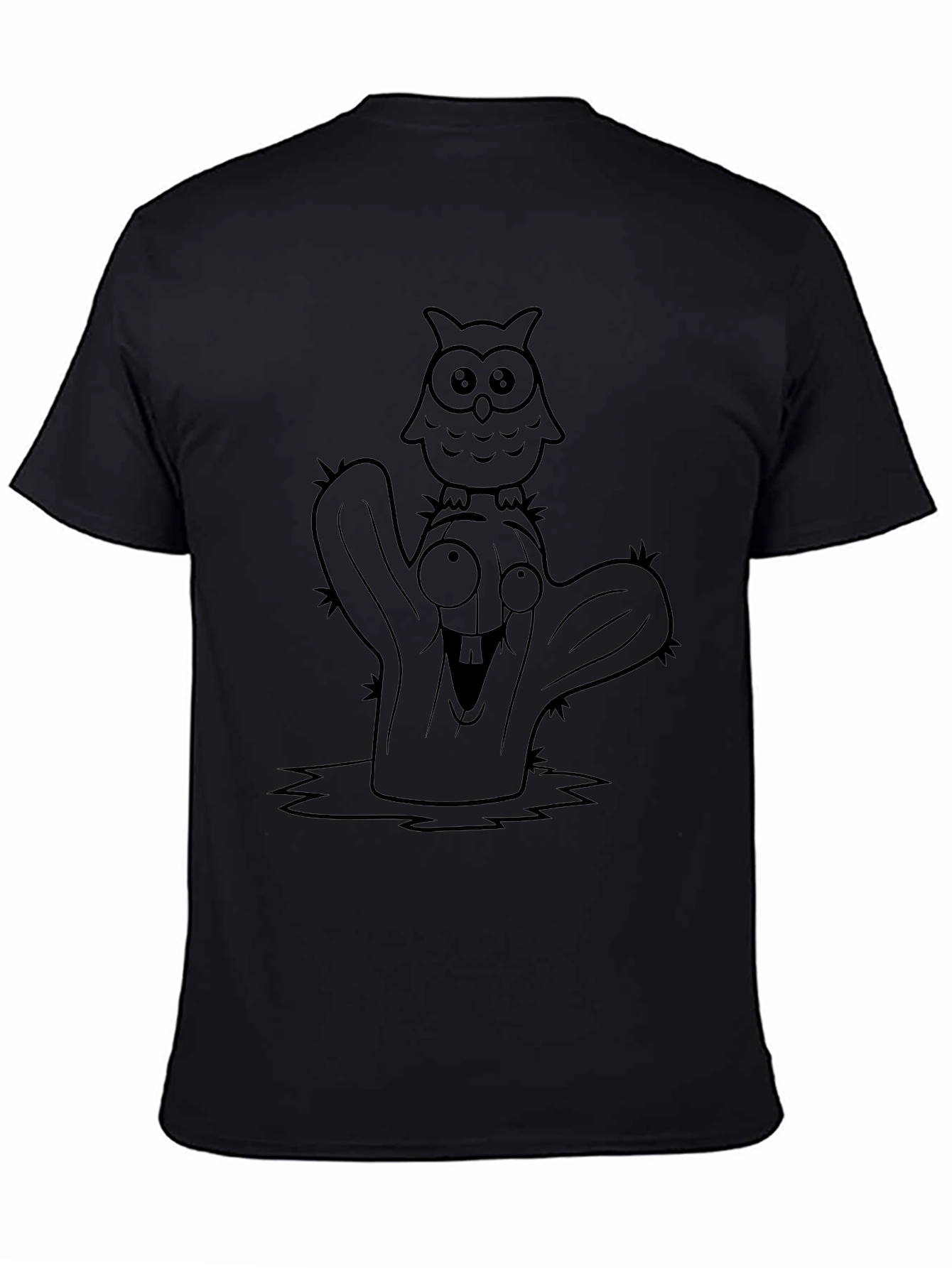 Cartoon Owl Cactus Black T-Shirt