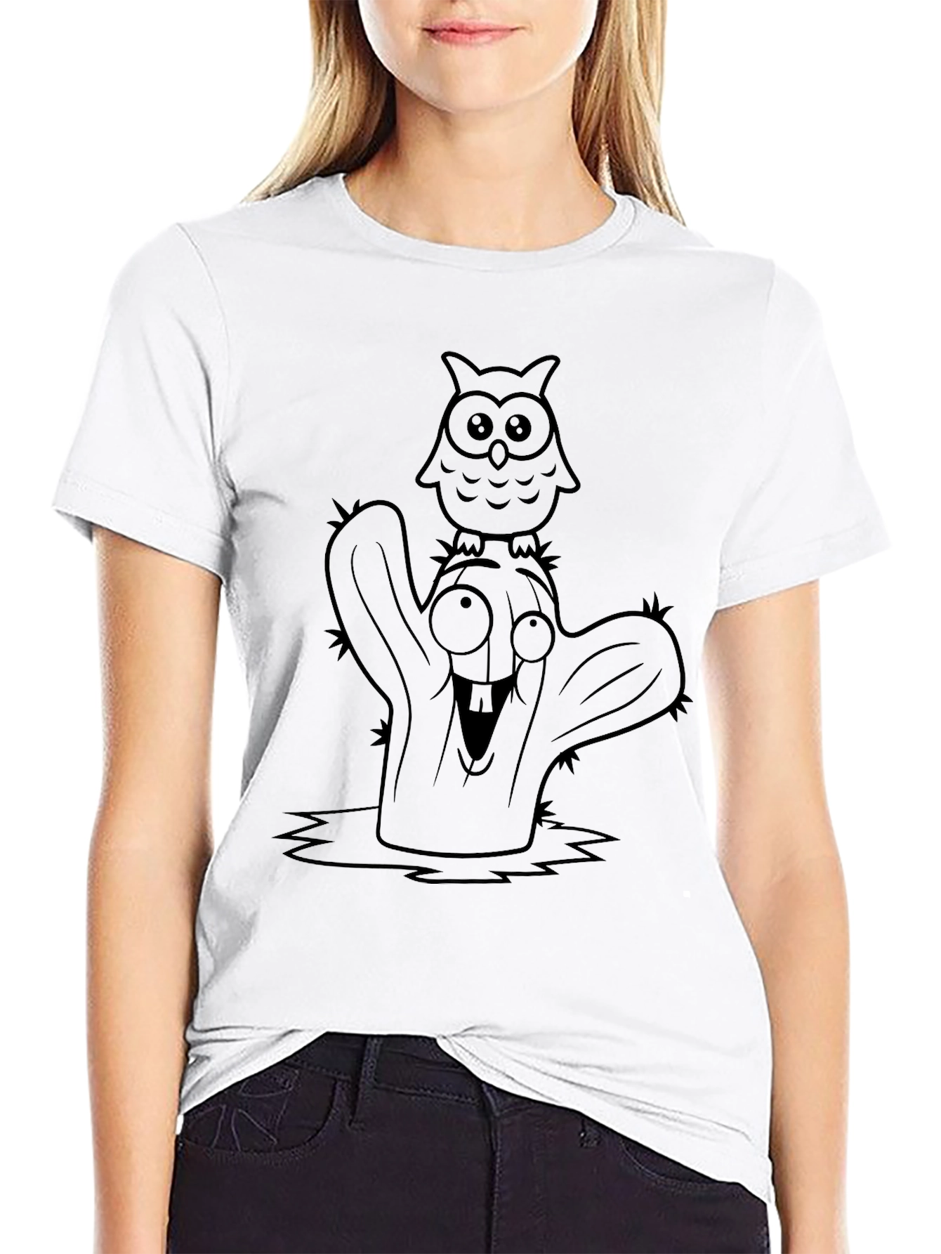 Cartoon Owl Cactus Black T-Shirt