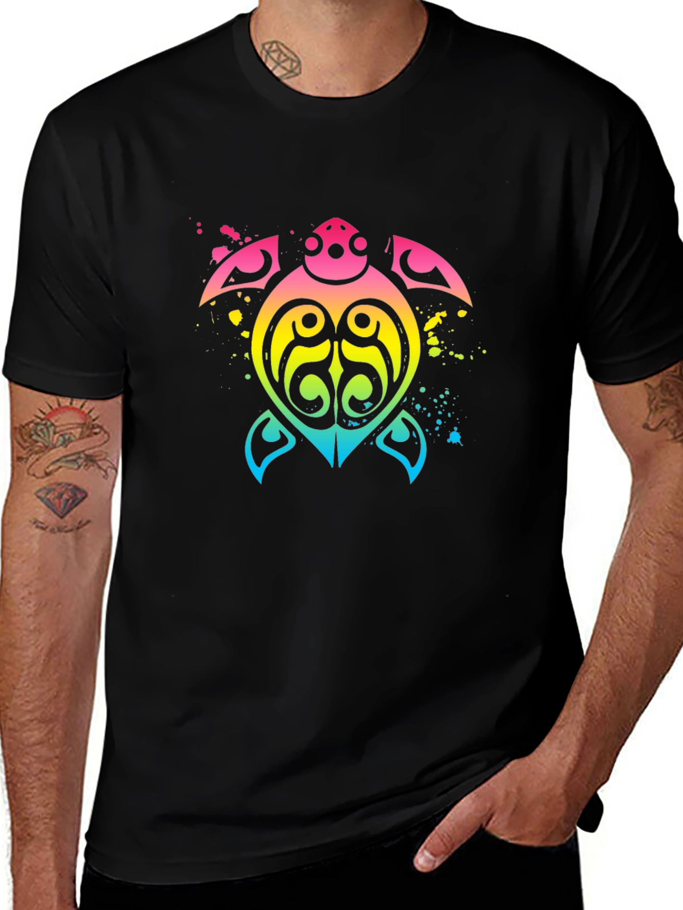 Rainbow Tribal Turtle Black T-Shirt