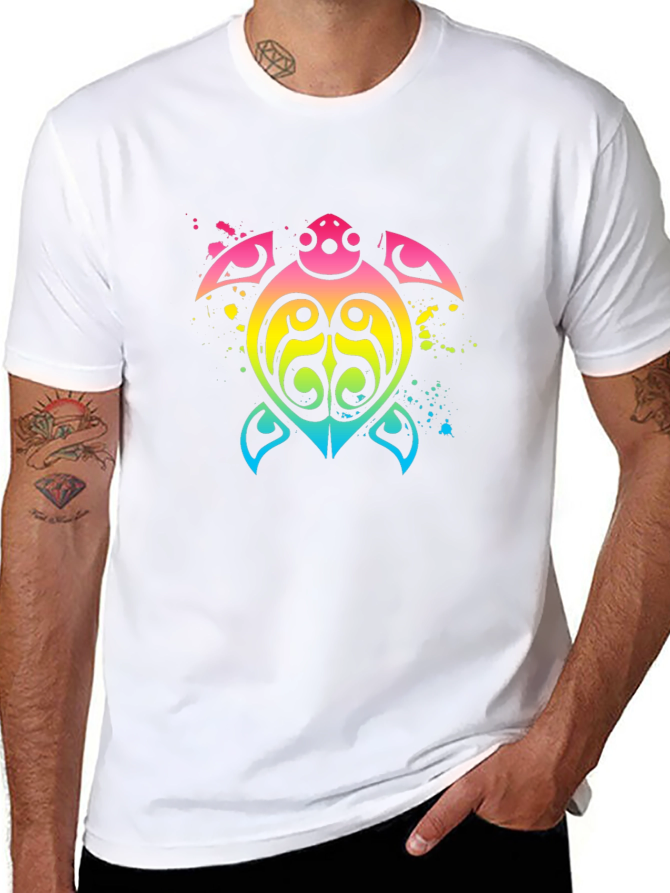 Rainbow Tribal Turtle Black T-Shirt