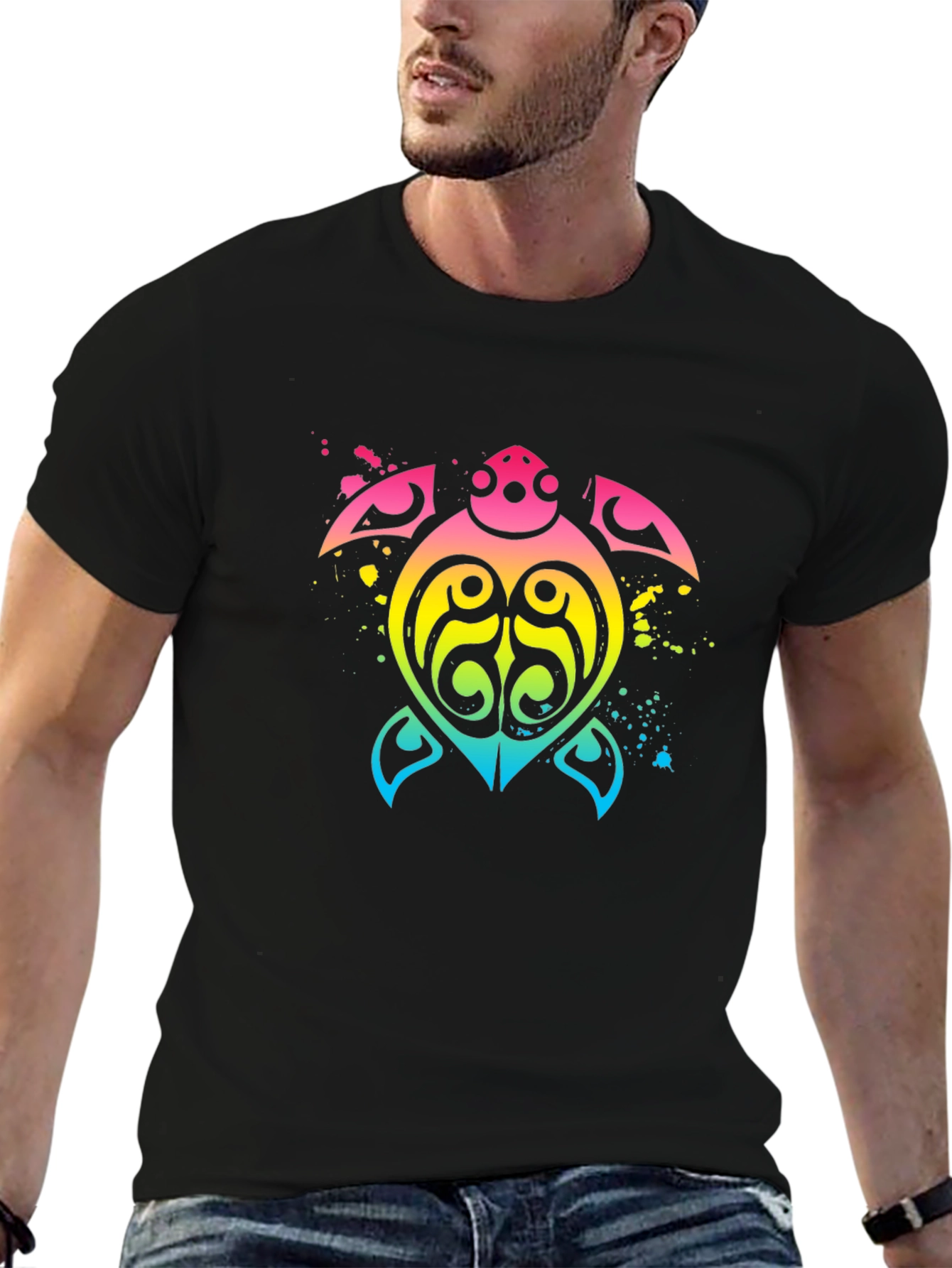 Rainbow Tribal Turtle Black T-Shirt